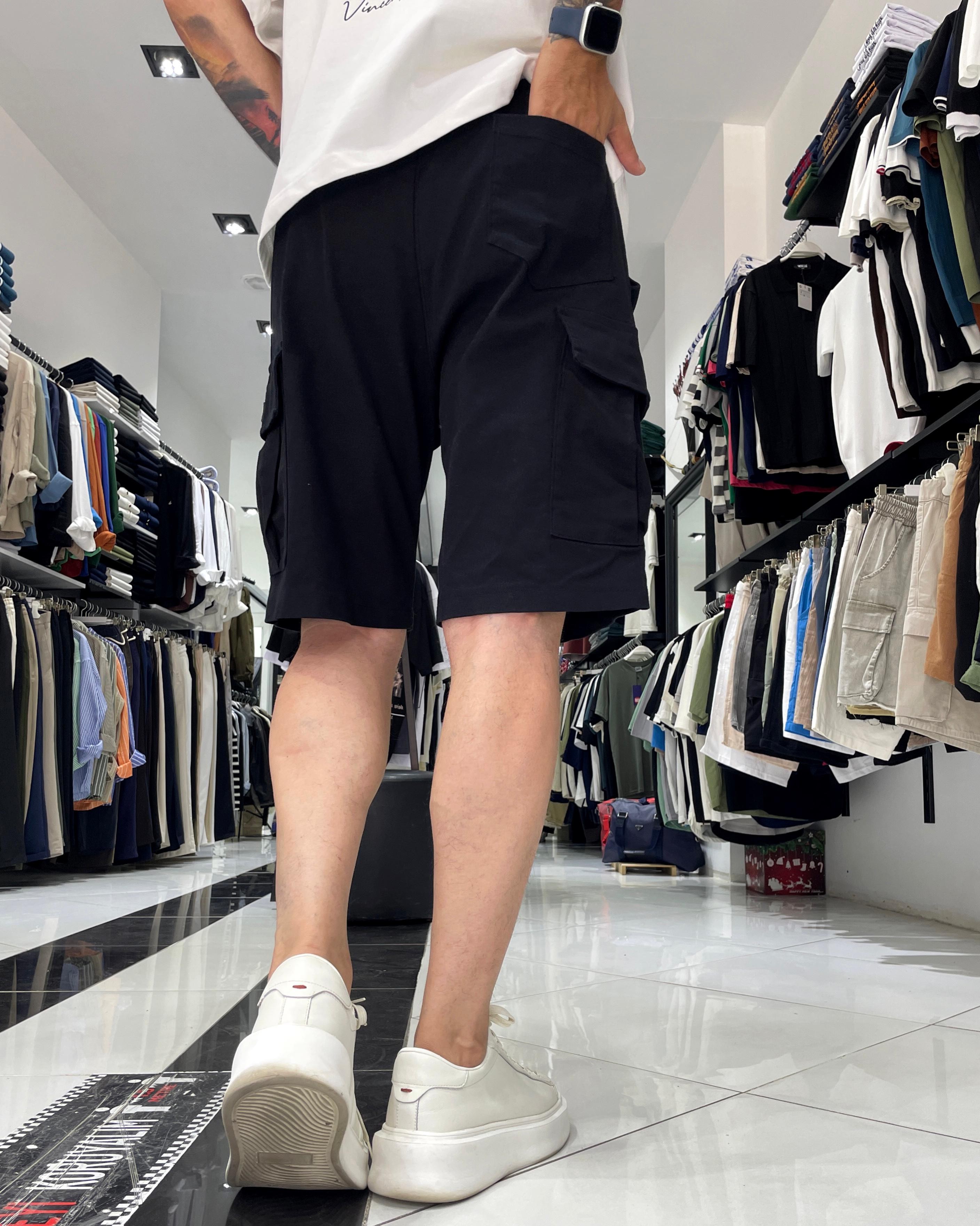 Elastic Waist Denim Shorts with Cargo Pockets - Black