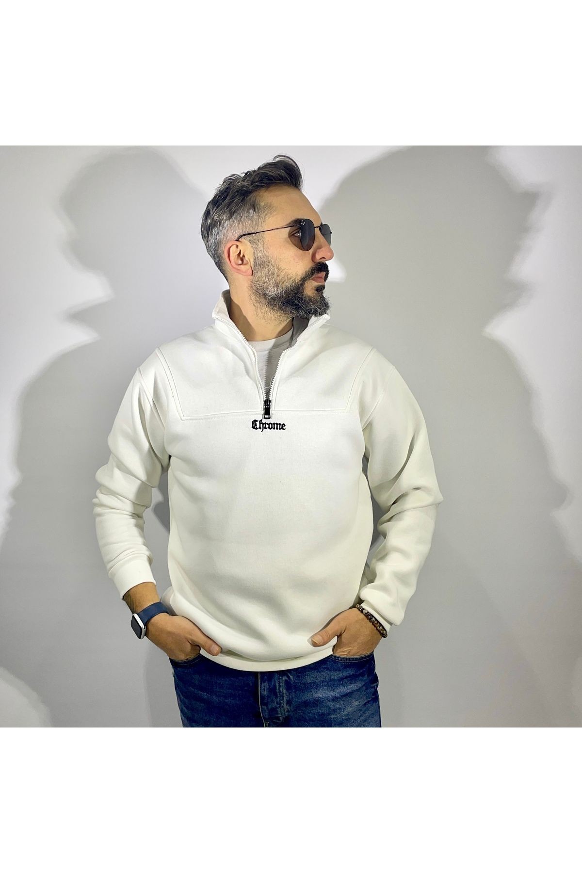 Yarım Fermuarlı Oversize Erkek Sweatshirt - ekru