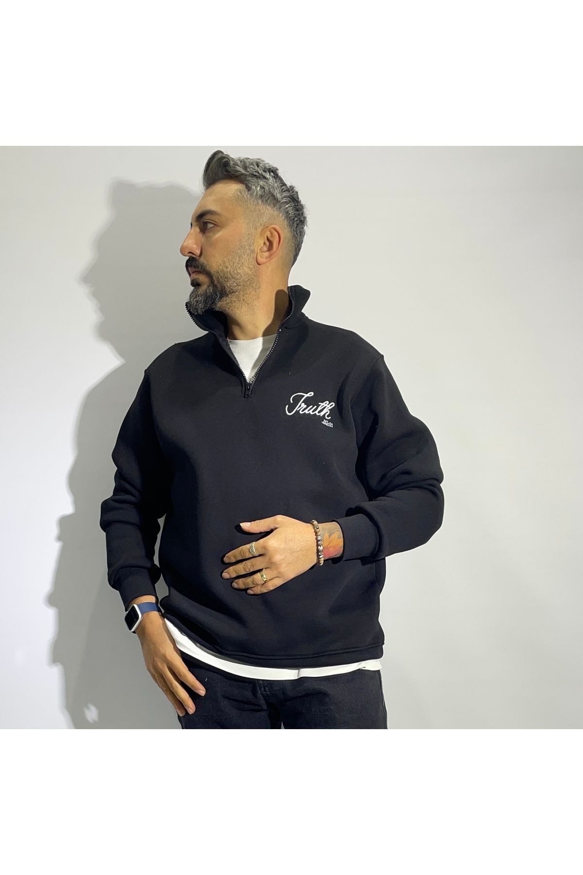 Nakış Detaylı Yarım Fermuar Oversize Erkek Sweatshirt - siyah