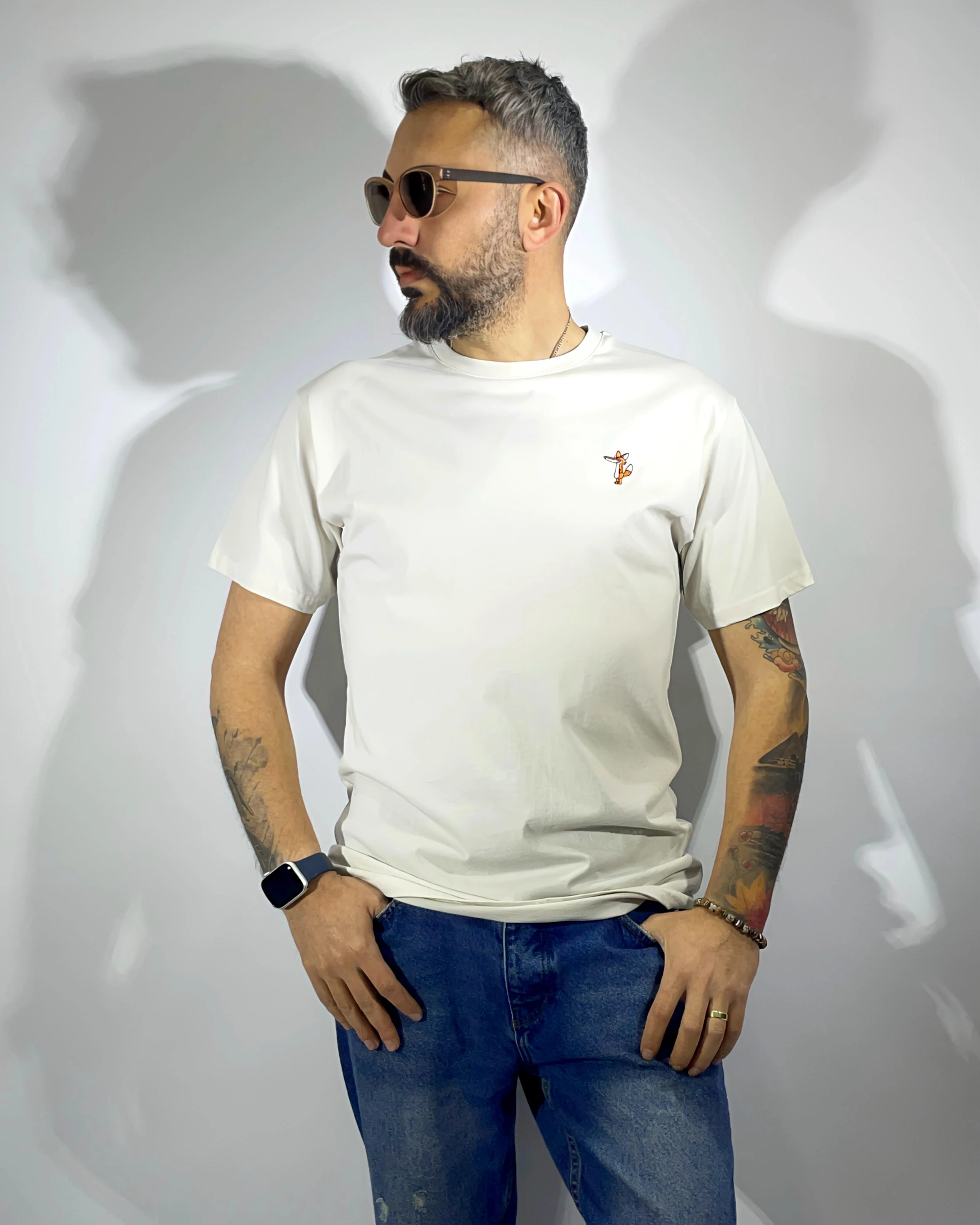 Nakış Detaylı Slim Fit Erkek Tişört – Bej & Lacivert | Higo Man