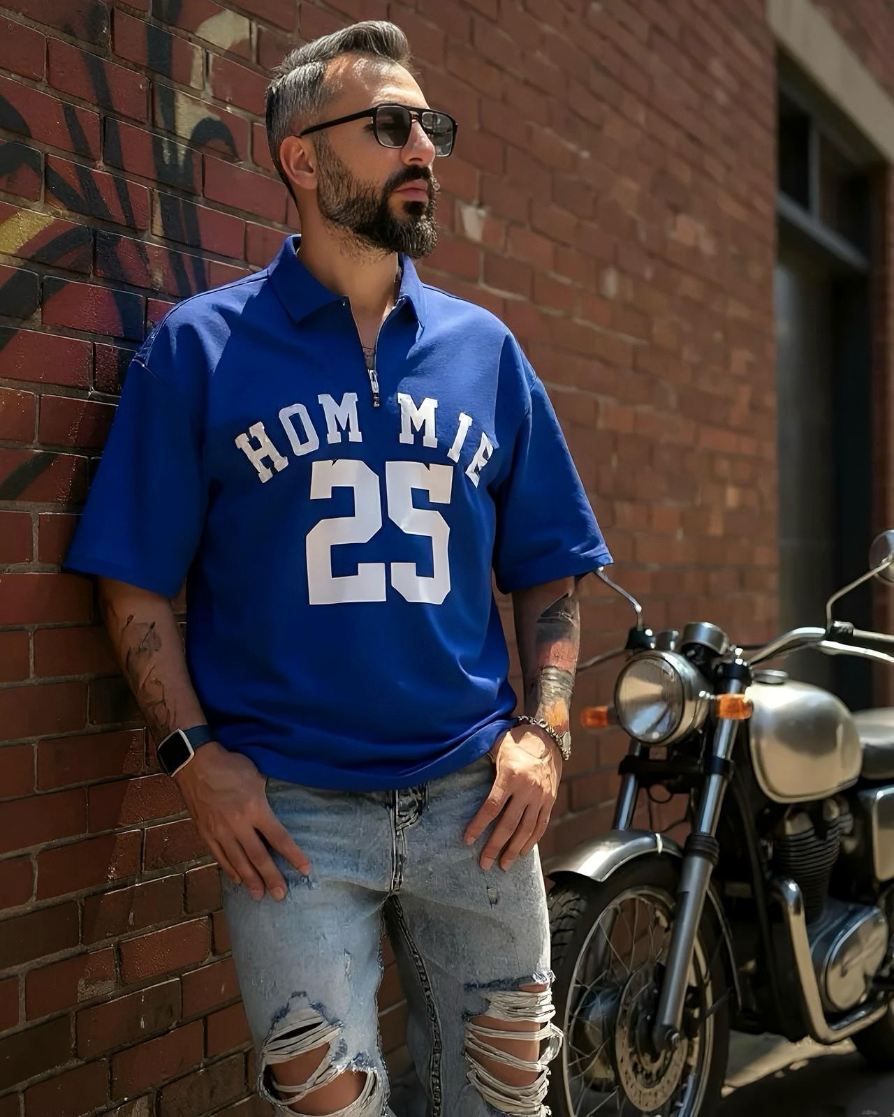 Hommie Baskili Oversize Erkek Polo Yaka T-Shirt - mavi