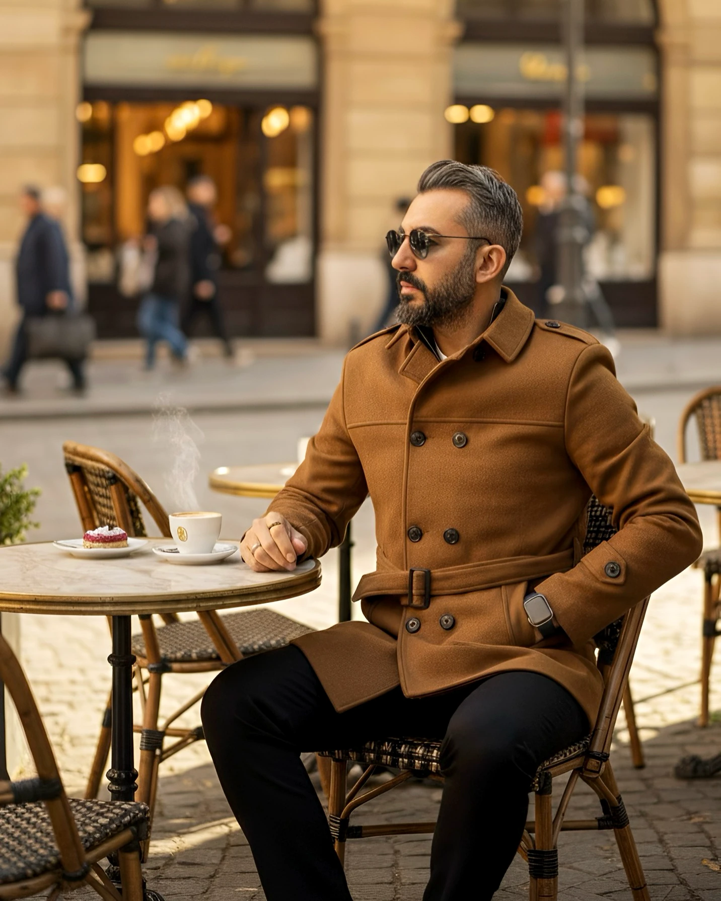 Kemer ve apolet detaylı Erkek Kaşe Kaban - camel