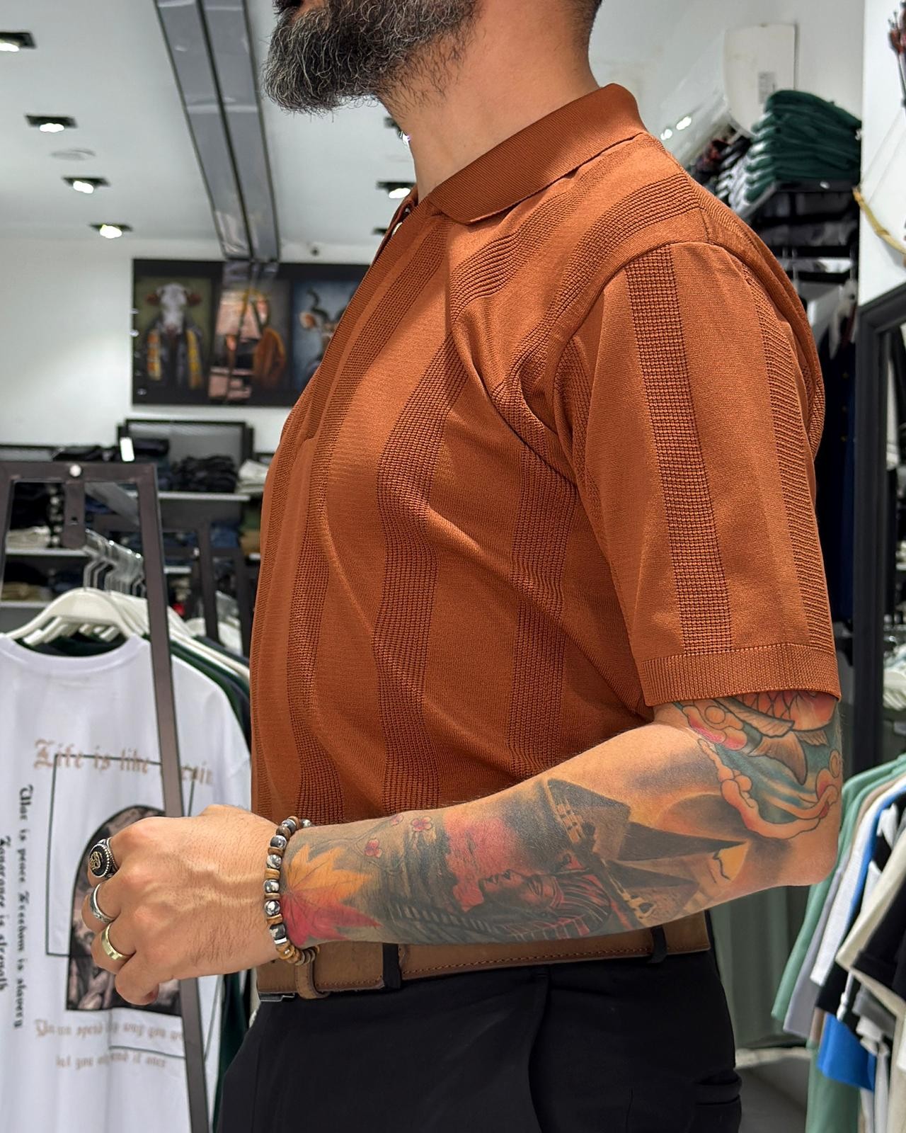  Desenli Polo Yaka Yarım Fermuarlı Erkek T-Shirt - kiremit