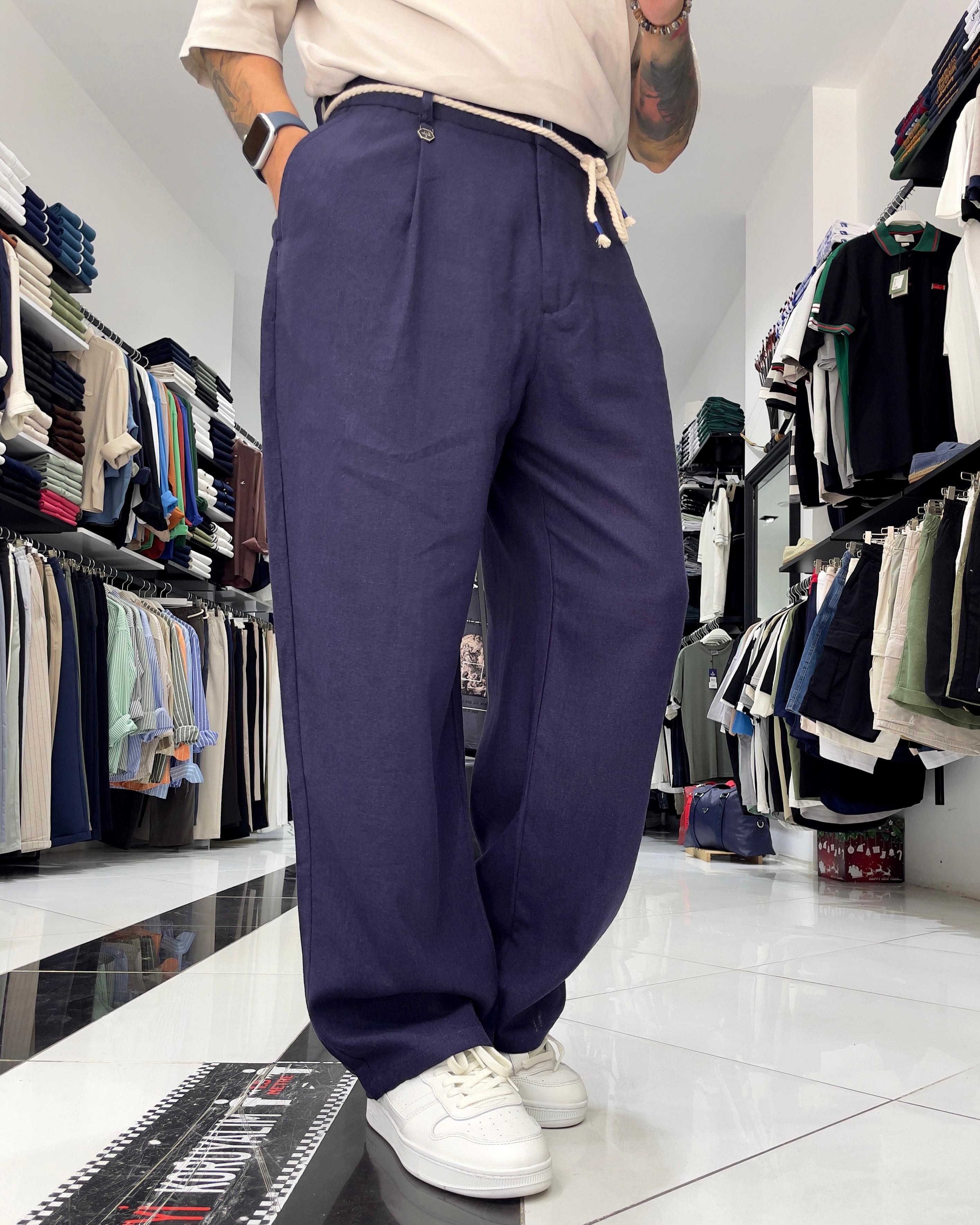 Lacivert Keten Erkek Baggy Fit Kemerli Pantolon