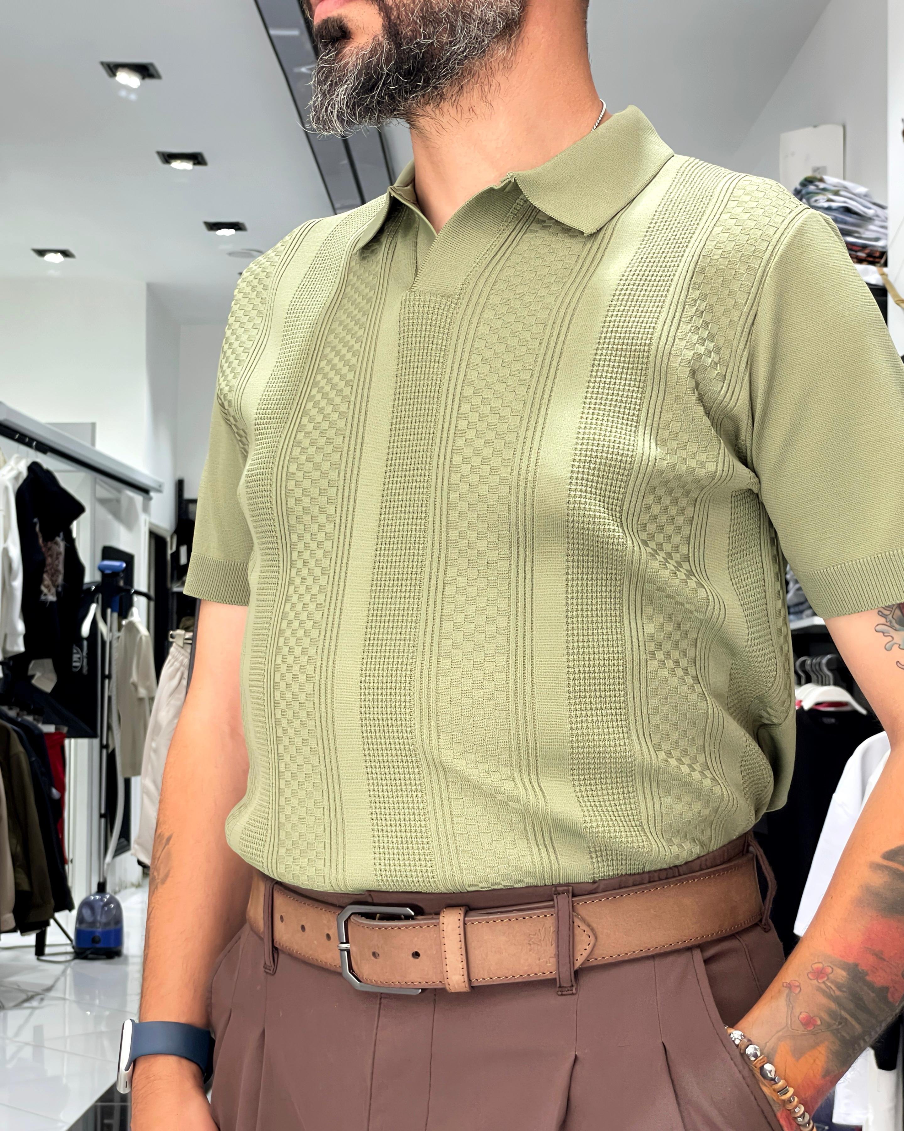 Kendinden Desenli Triko Erkek Polo Yaka T-Shirt