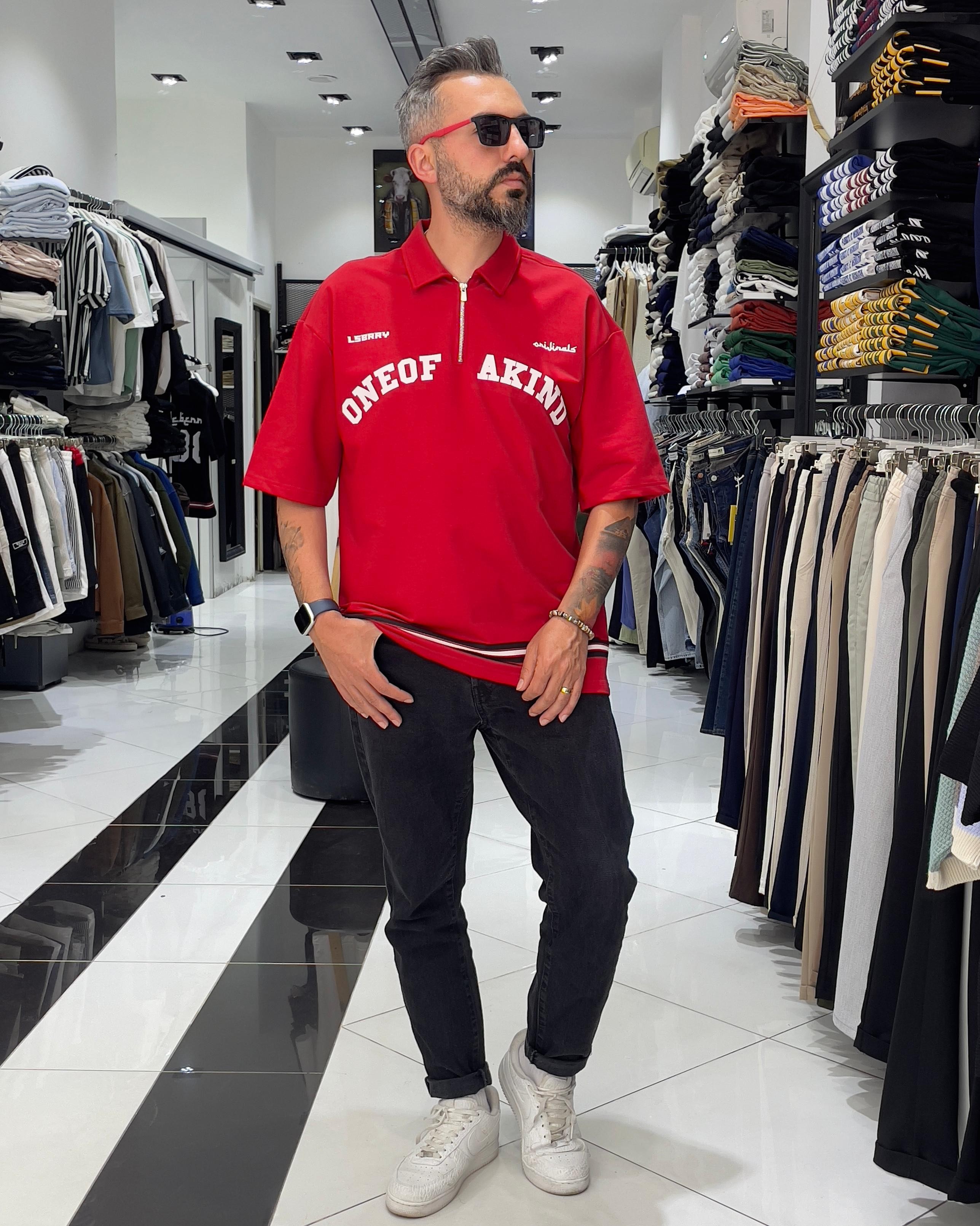 888 Baskılı Oversize Polo Yaka Erkek T-Shirt - kırmızı