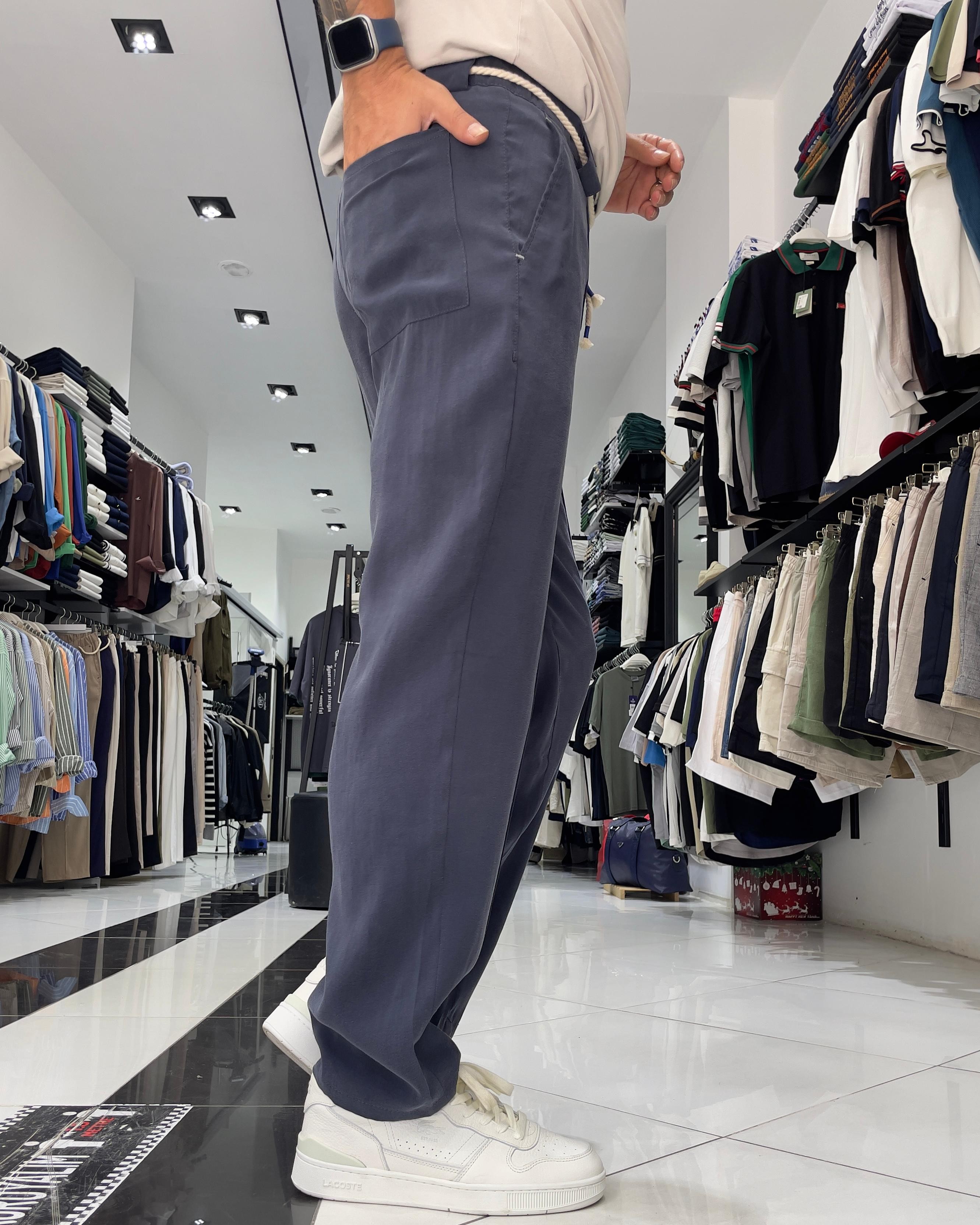 Modal Kumaş Kemer Detaylı Baggy Fit Erkek Pantolon - indigo