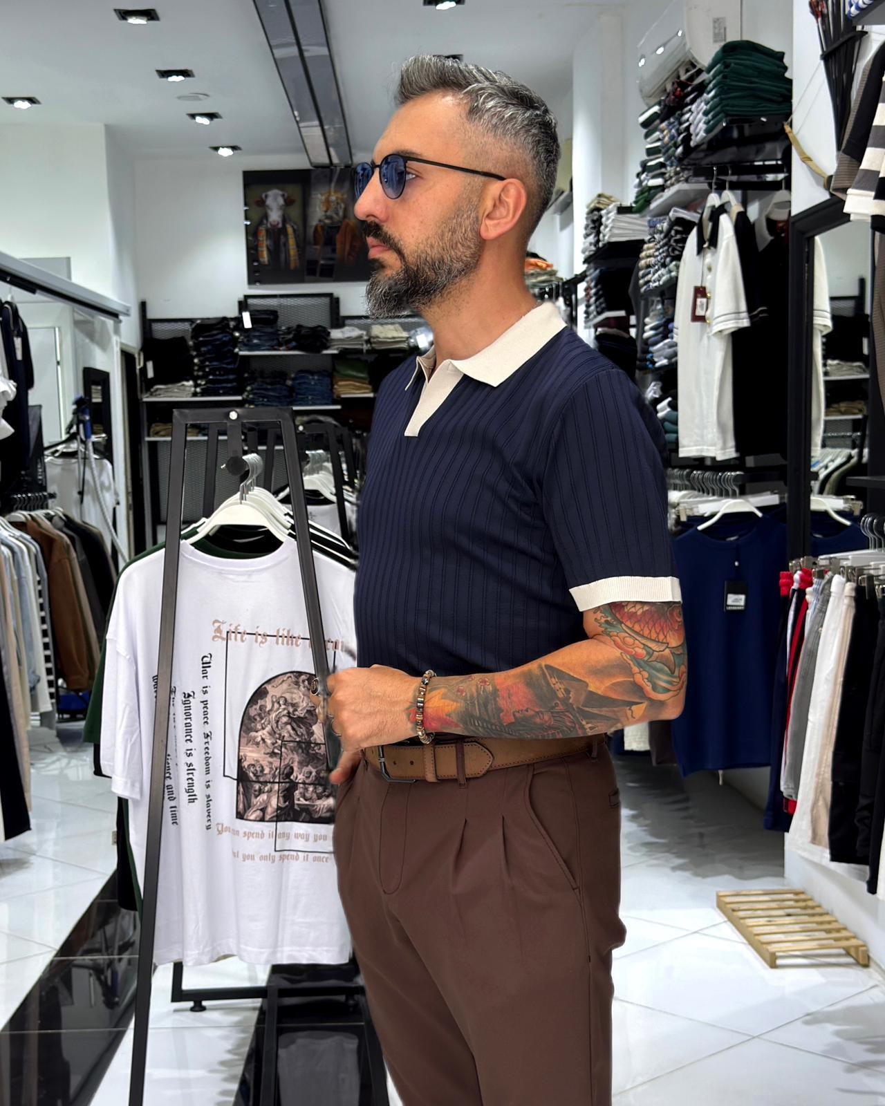 Yaka Detaylı Erkek Triko Polo Yaka T-Shirt - lacivert