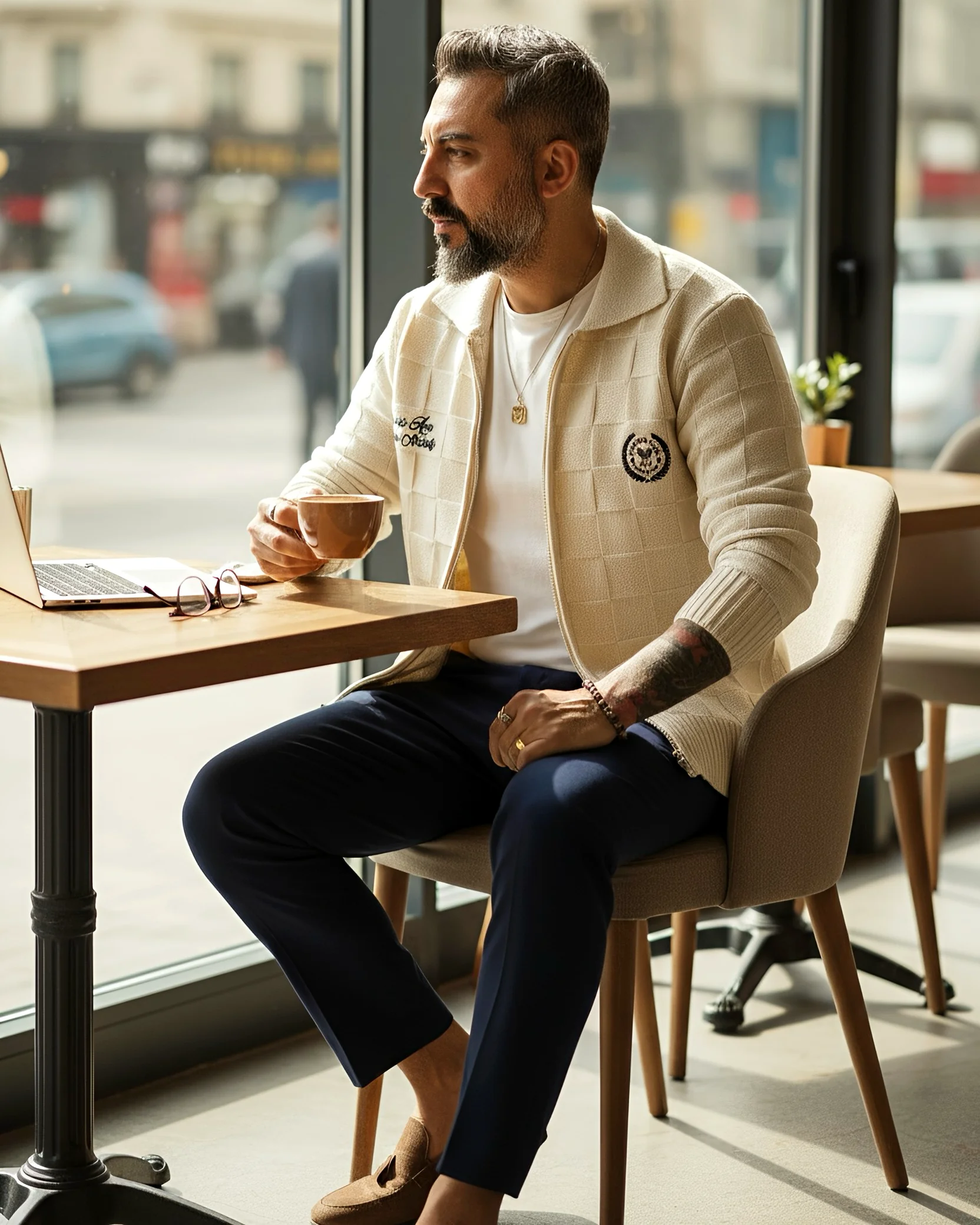 Zippered Men's Cardigan - Beige