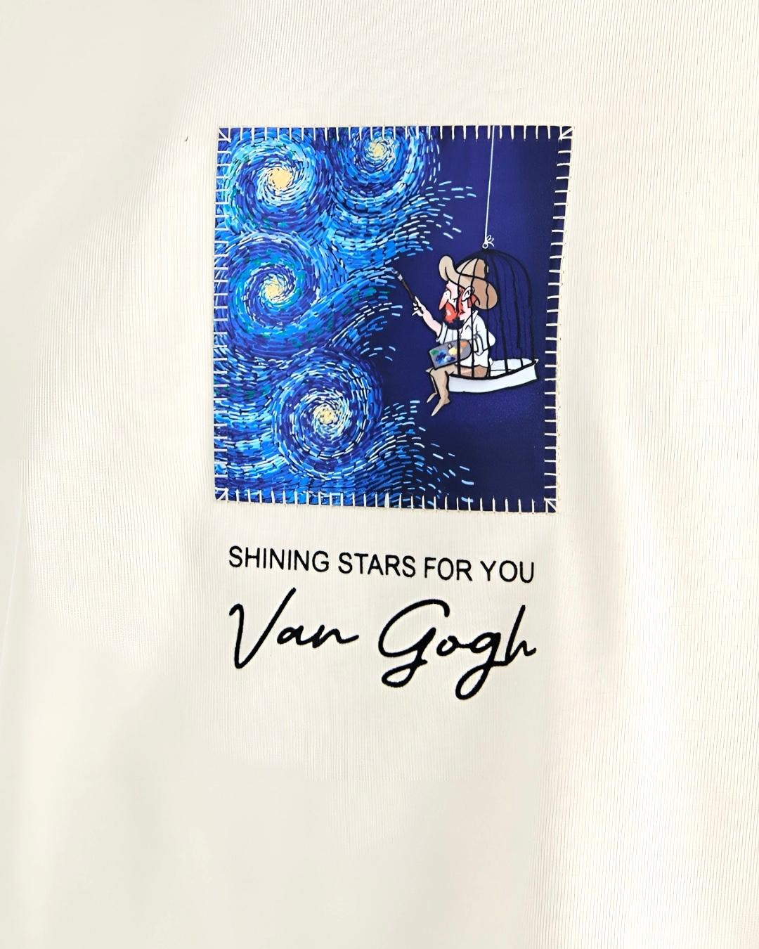 Starry Vision Sırt Kumaş Baskı Van Gogh Oversize Erkek T-Shirt - bej