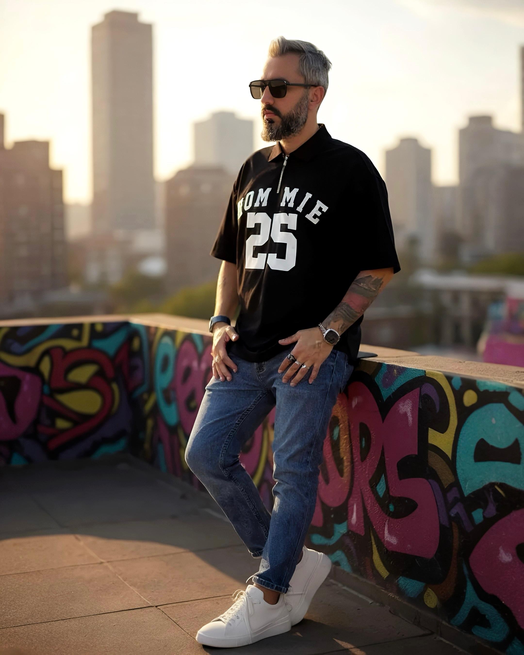 Hommie Baskili Oversize Erkek Polo Yaka T-Shirt - siyah