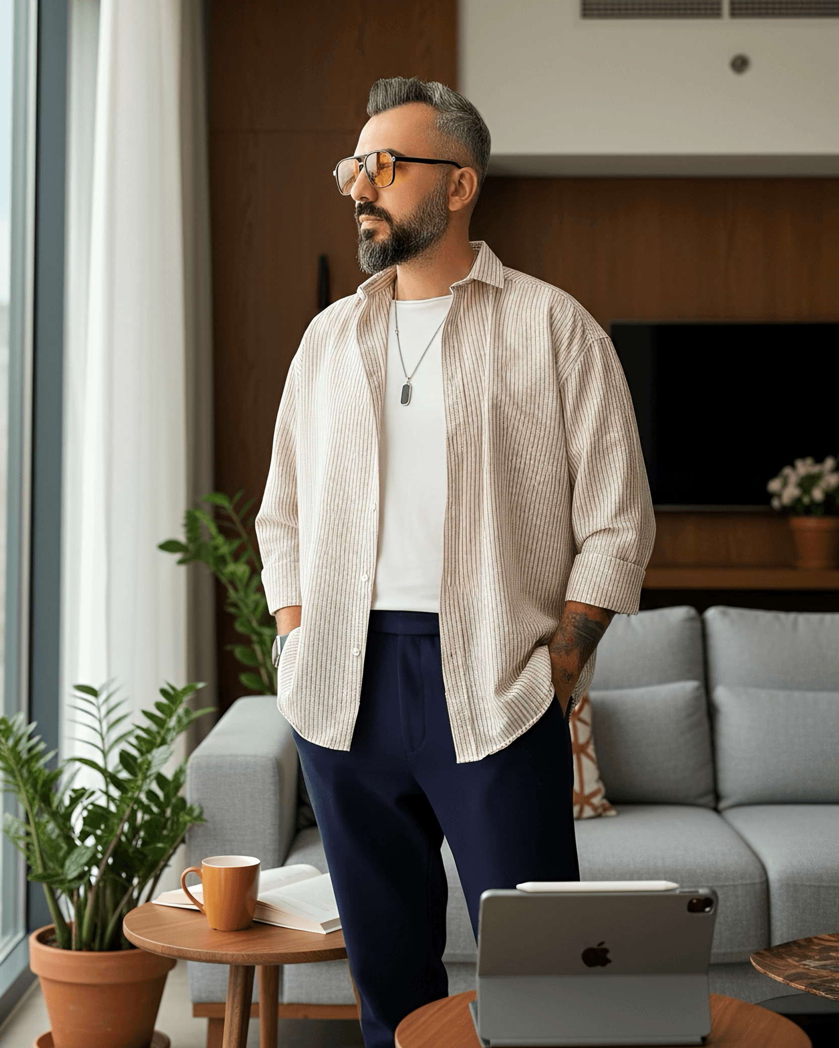 Gofre Kumaş Çizgili Oversize Erkek Gömlek