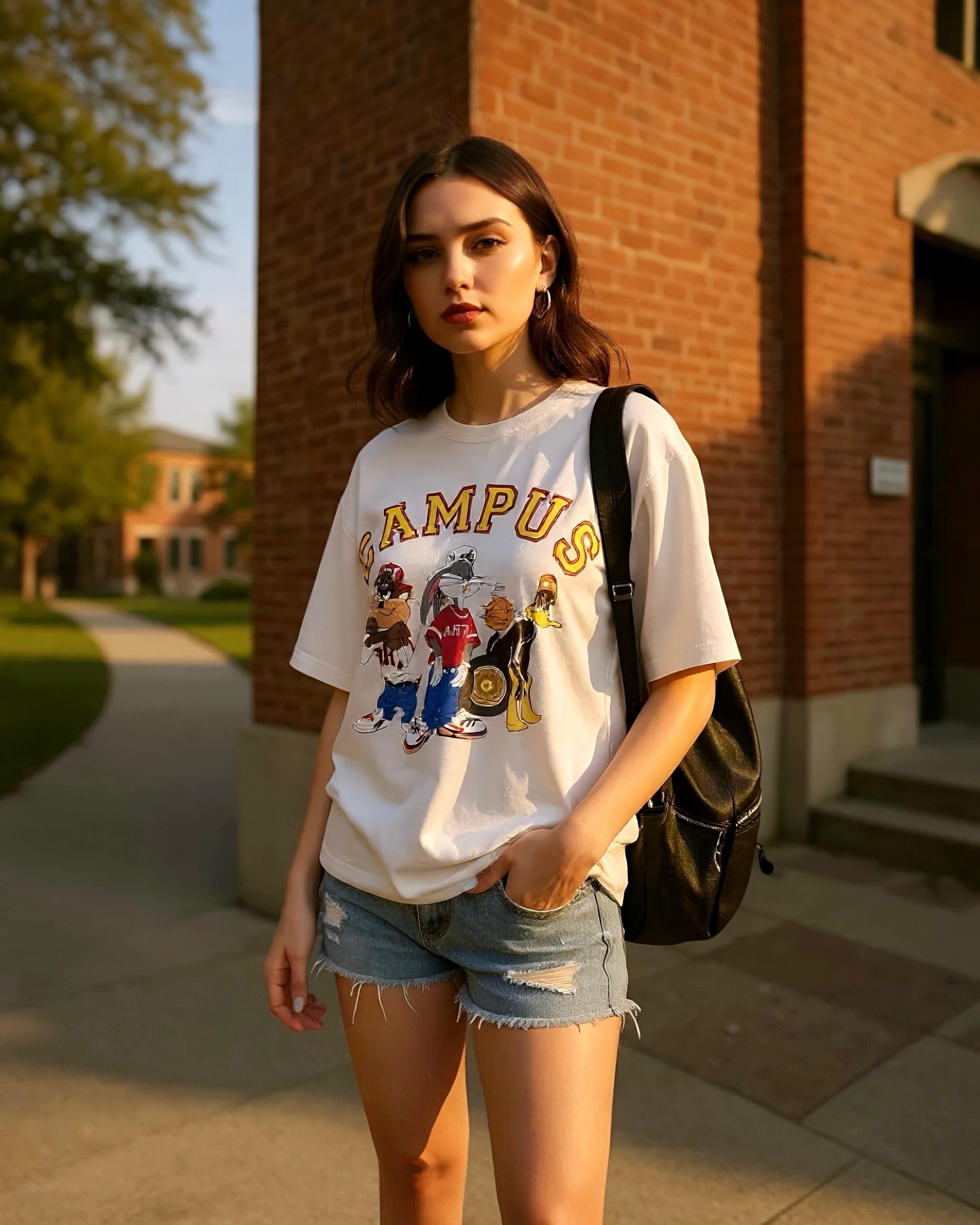 Kampüs Baskılı Oversize %100 Pamuk Erkek T-Shirt – Higo Man - beyaz