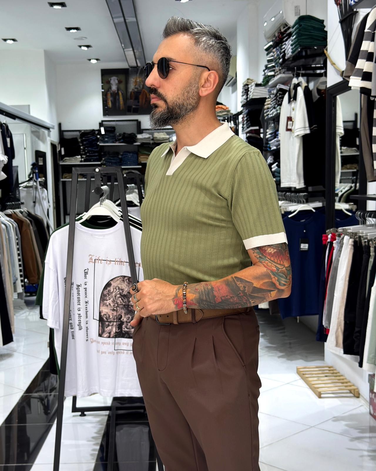 Yaka Detaylı Erkek Triko Polo Yaka T-Shirt - yeşil