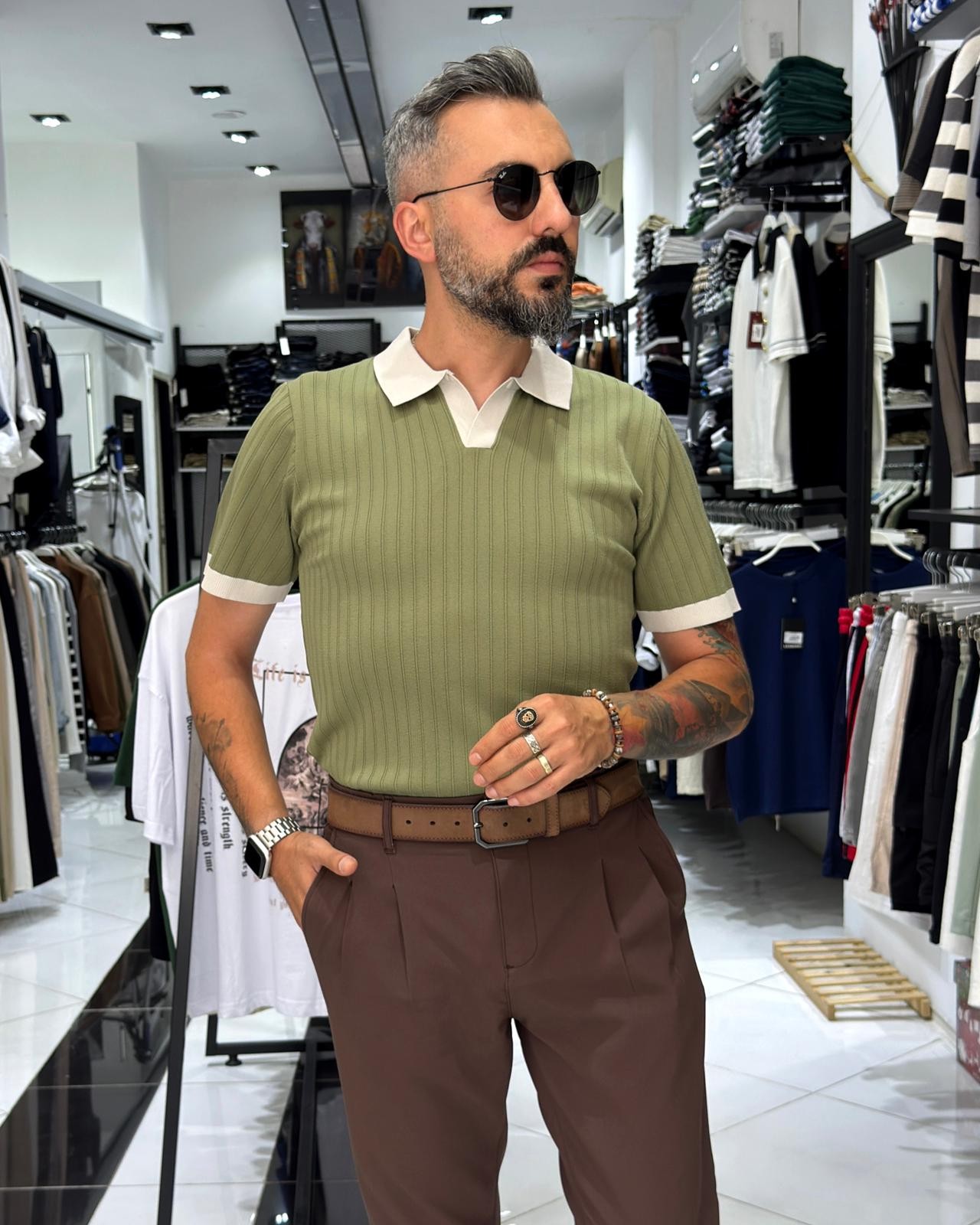 Yaka Detaylı Erkek Triko Polo Yaka T-Shirt - yeşil