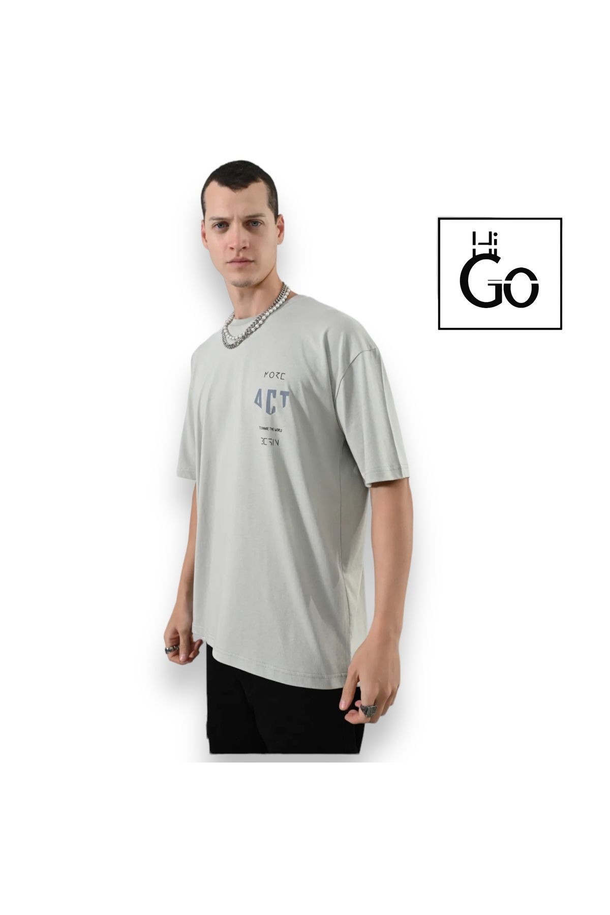 More Act Yazılı Oversize T-Shirt - gri