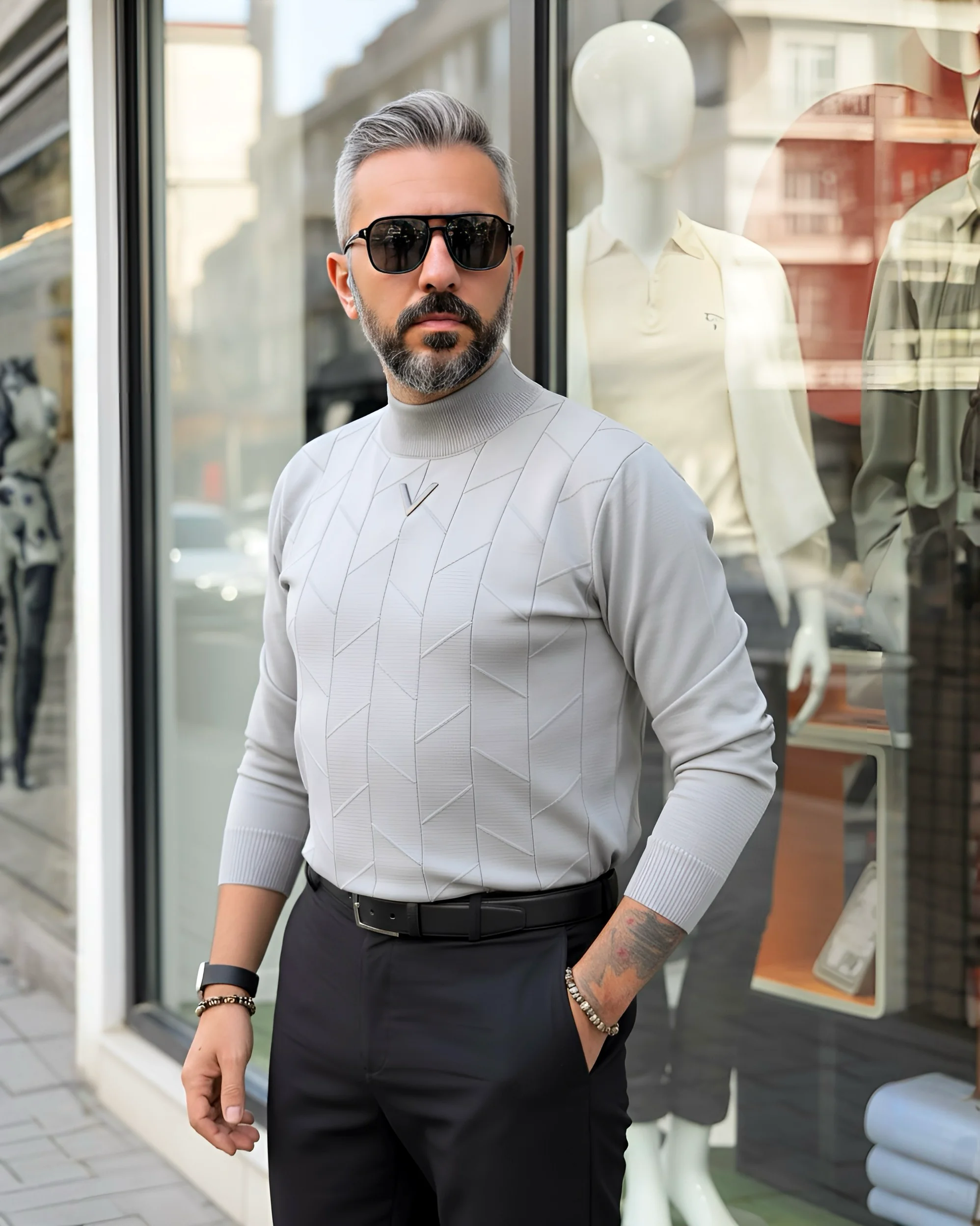 Yarım Balıkçı Desenli Triko Erkek Kazak - gri