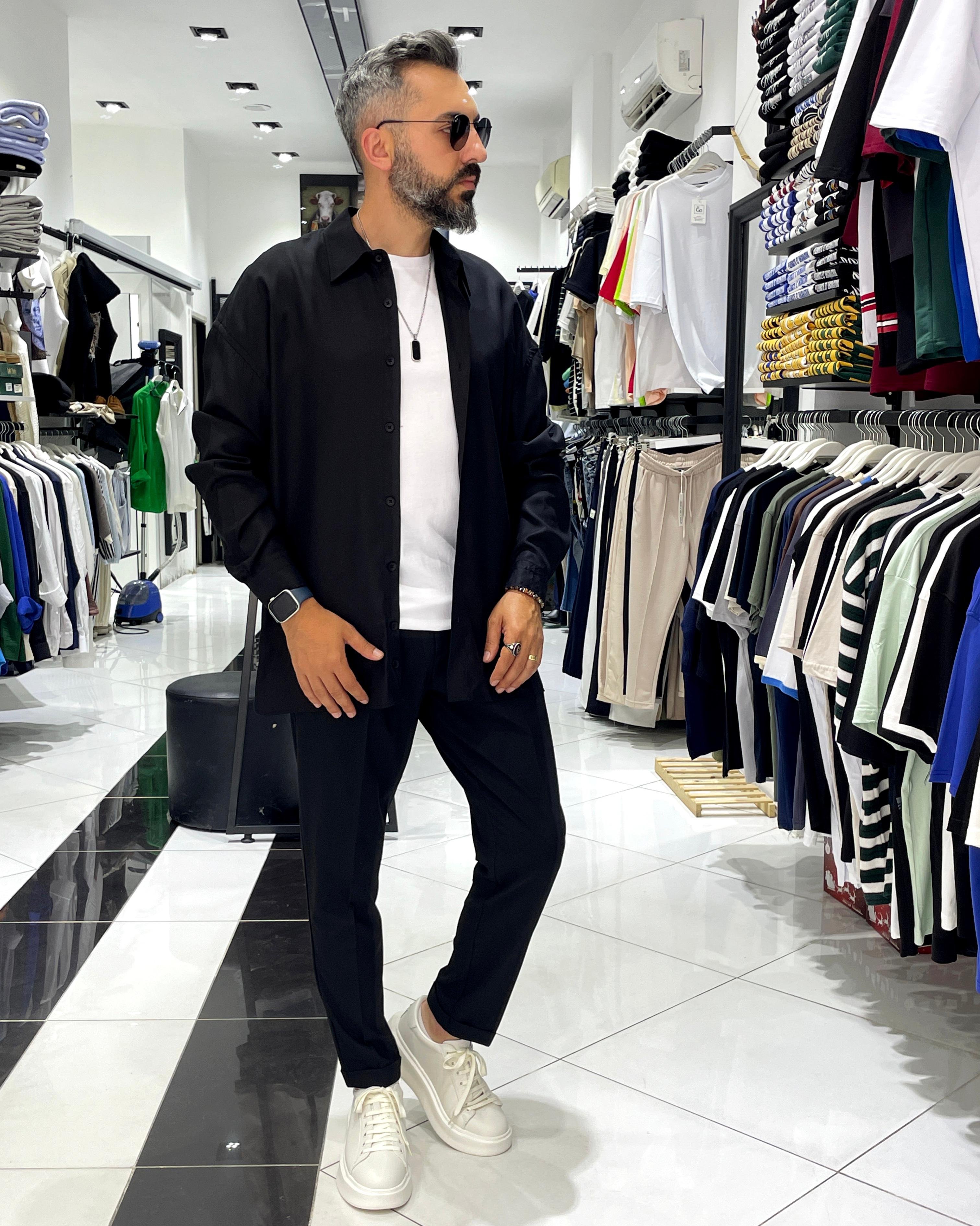 Tensel Kumaş Ekstra Oversize Erkek Gömlek - siyah