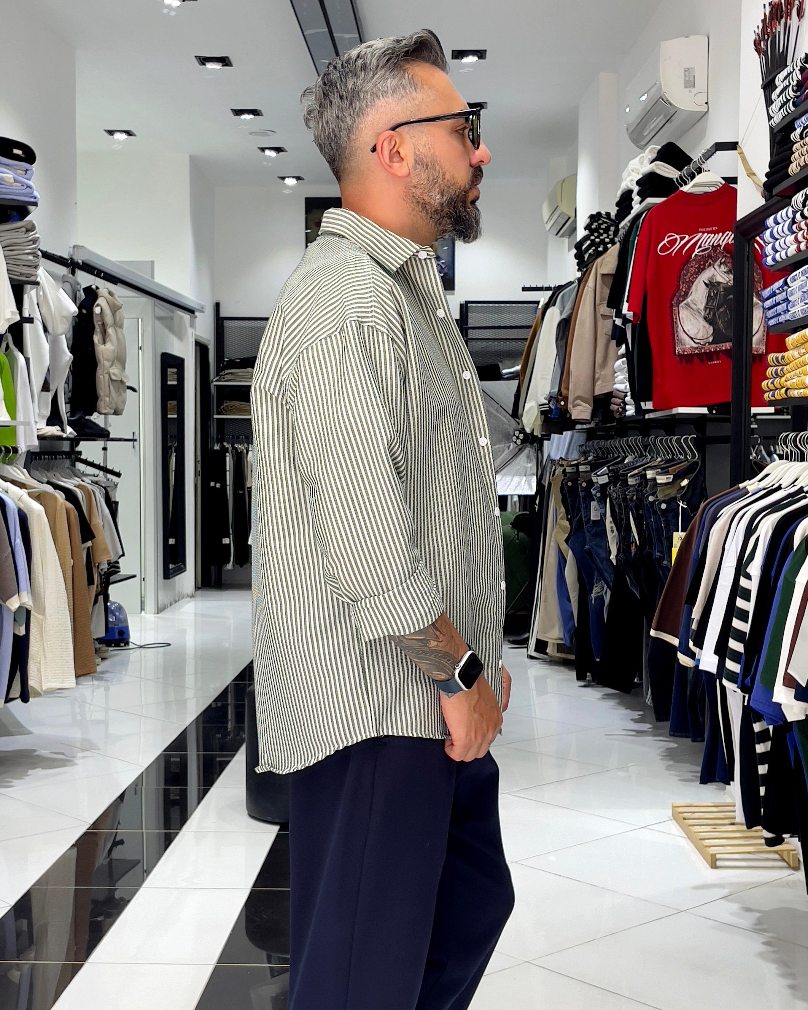 Gofre Kumaş Çizgili Oversize Erkek Gömlek - haki