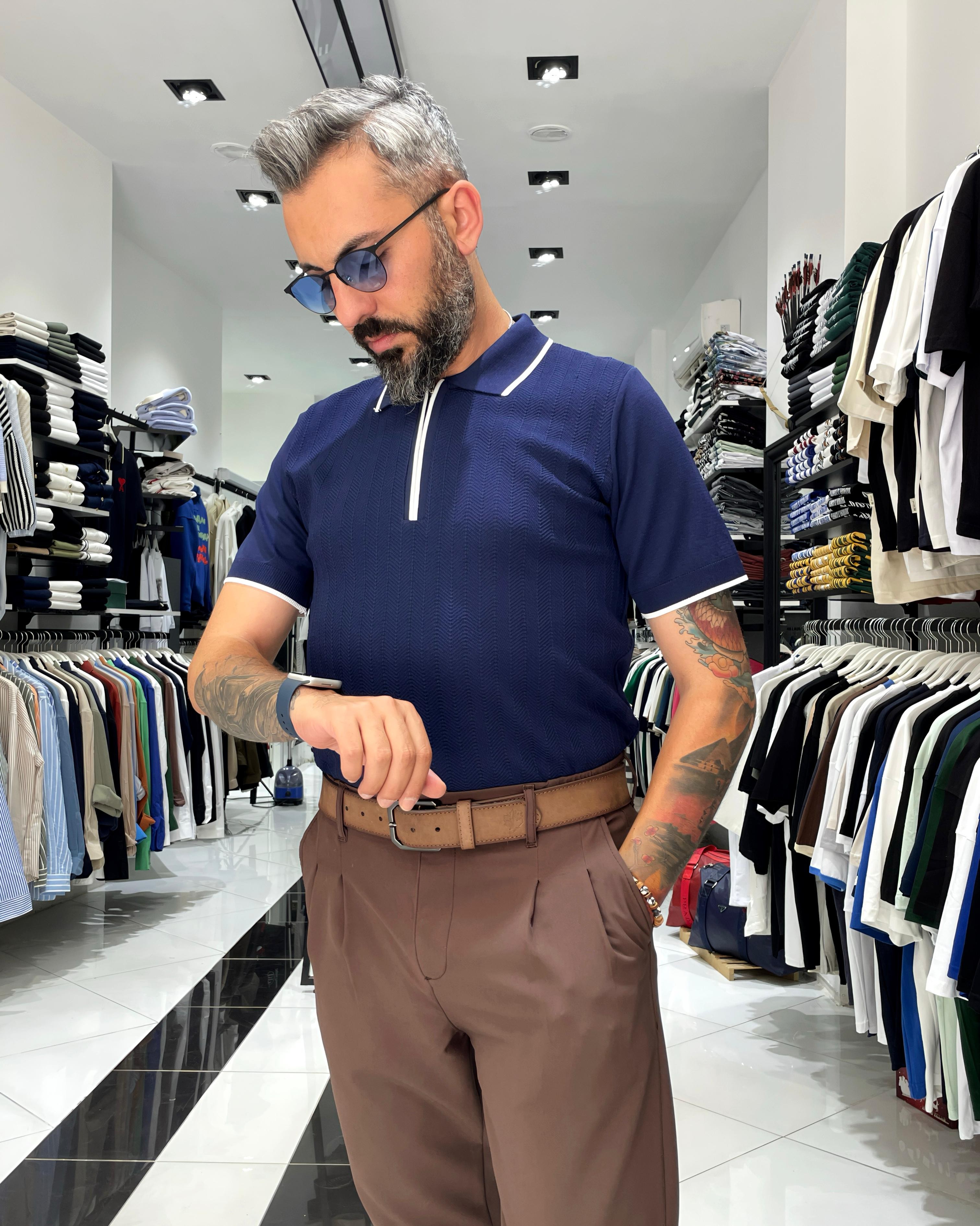 Fermuarlı Triko Polo Yaka Erkek Tişört - lacivert