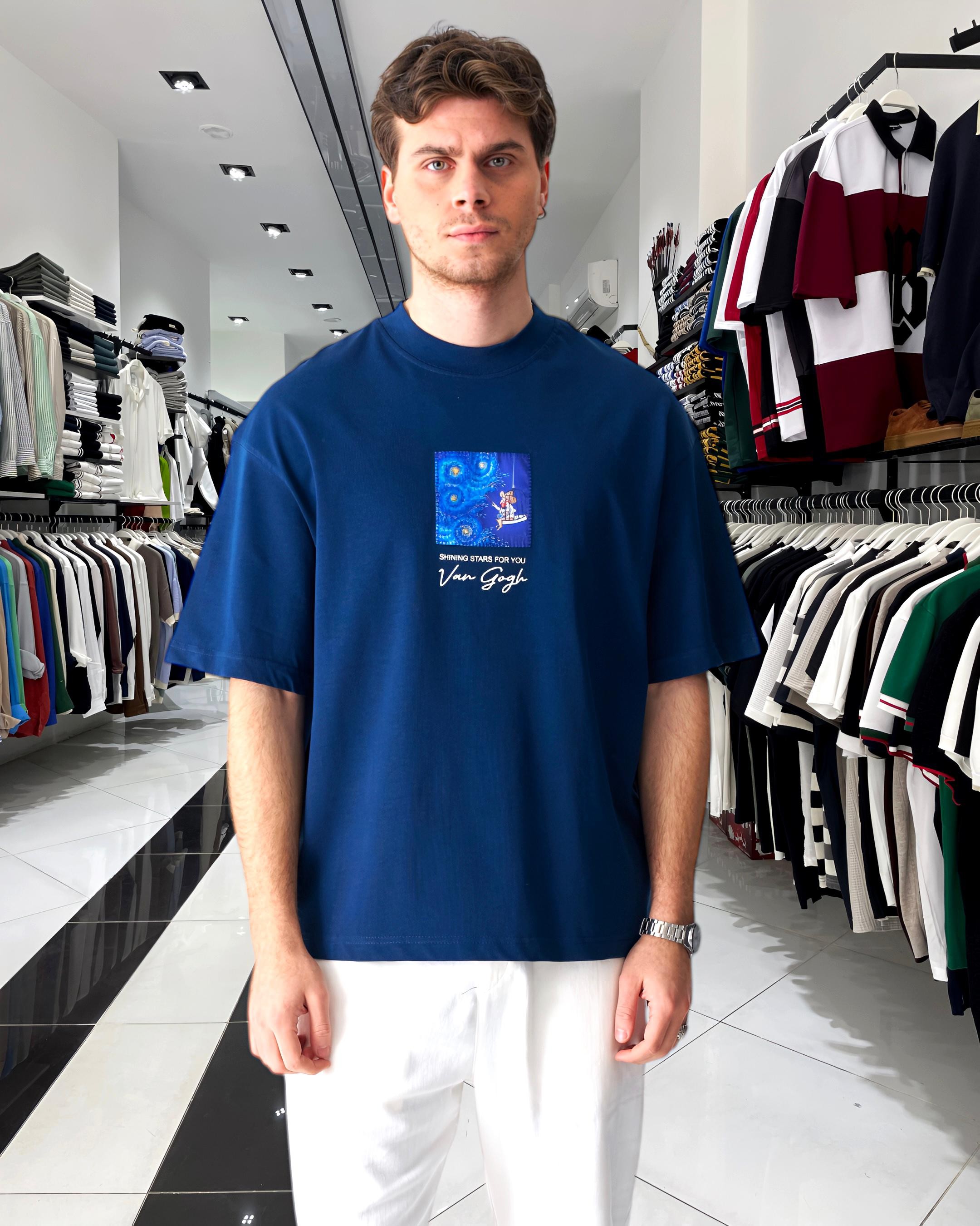Starry Vision Sırt Kumaş Baskı Van Gogh Oversize Erkek T-Shirt - lacivert