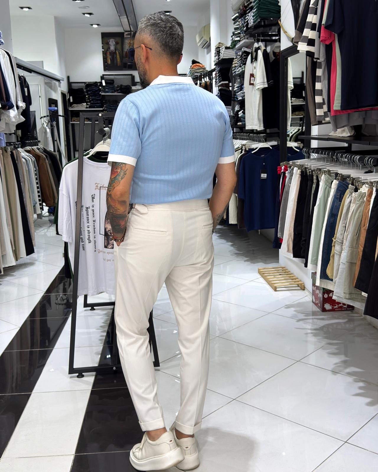 Yaka Detaylı Erkek Triko Polo Yaka T-Shirt - Bebe Mavisi