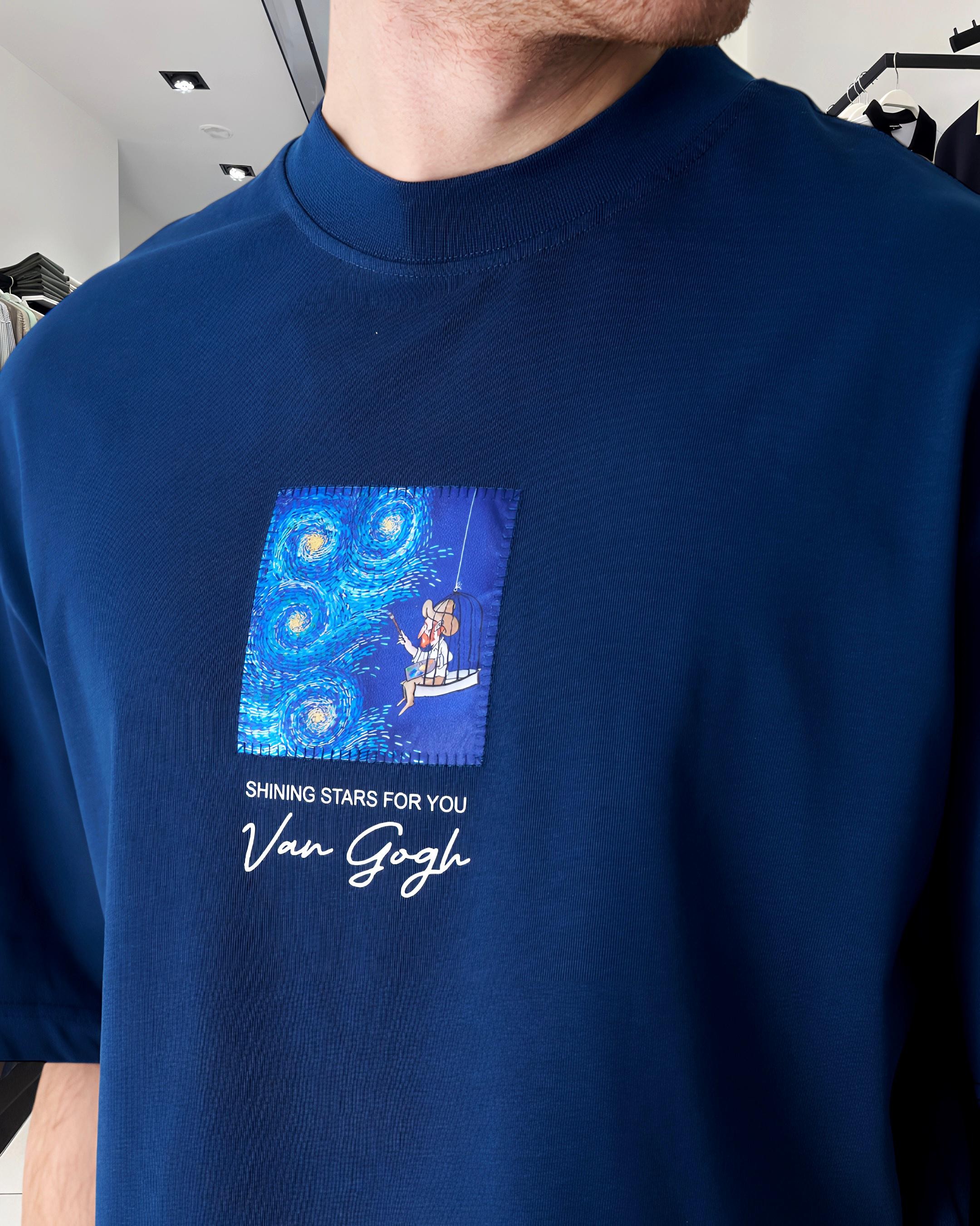 Starry Vision Sırt Kumaş Baskı Van Gogh Oversize Erkek T-Shirt - lacivert