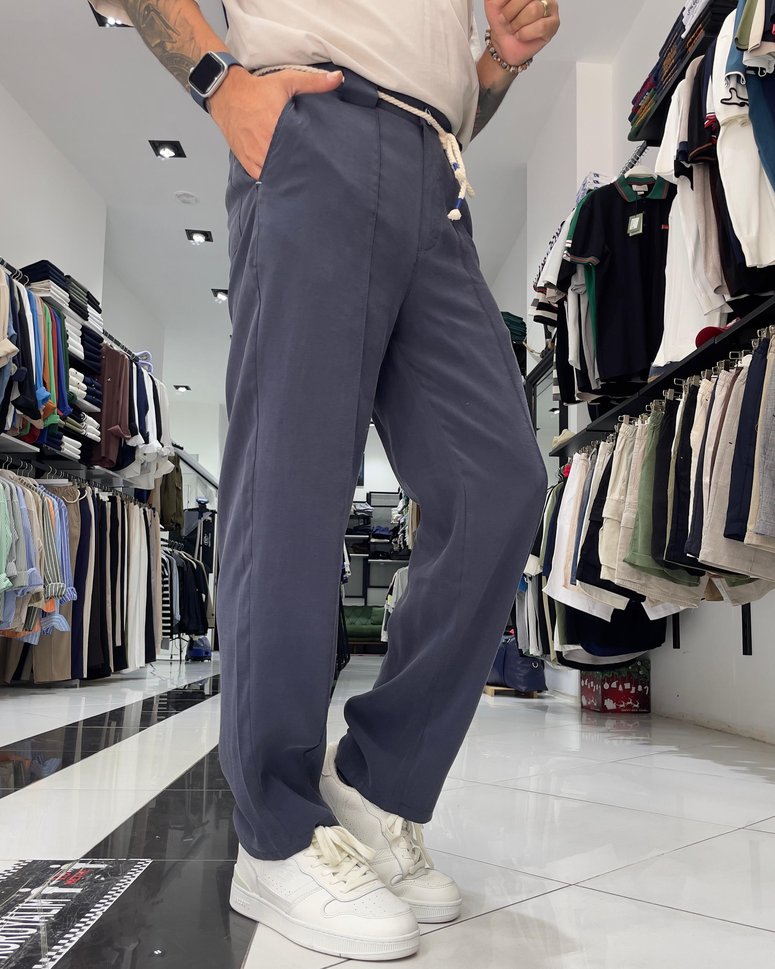 Modal Kumaş Kemer Detaylı Baggy Fit Erkek Pantolon - indigo