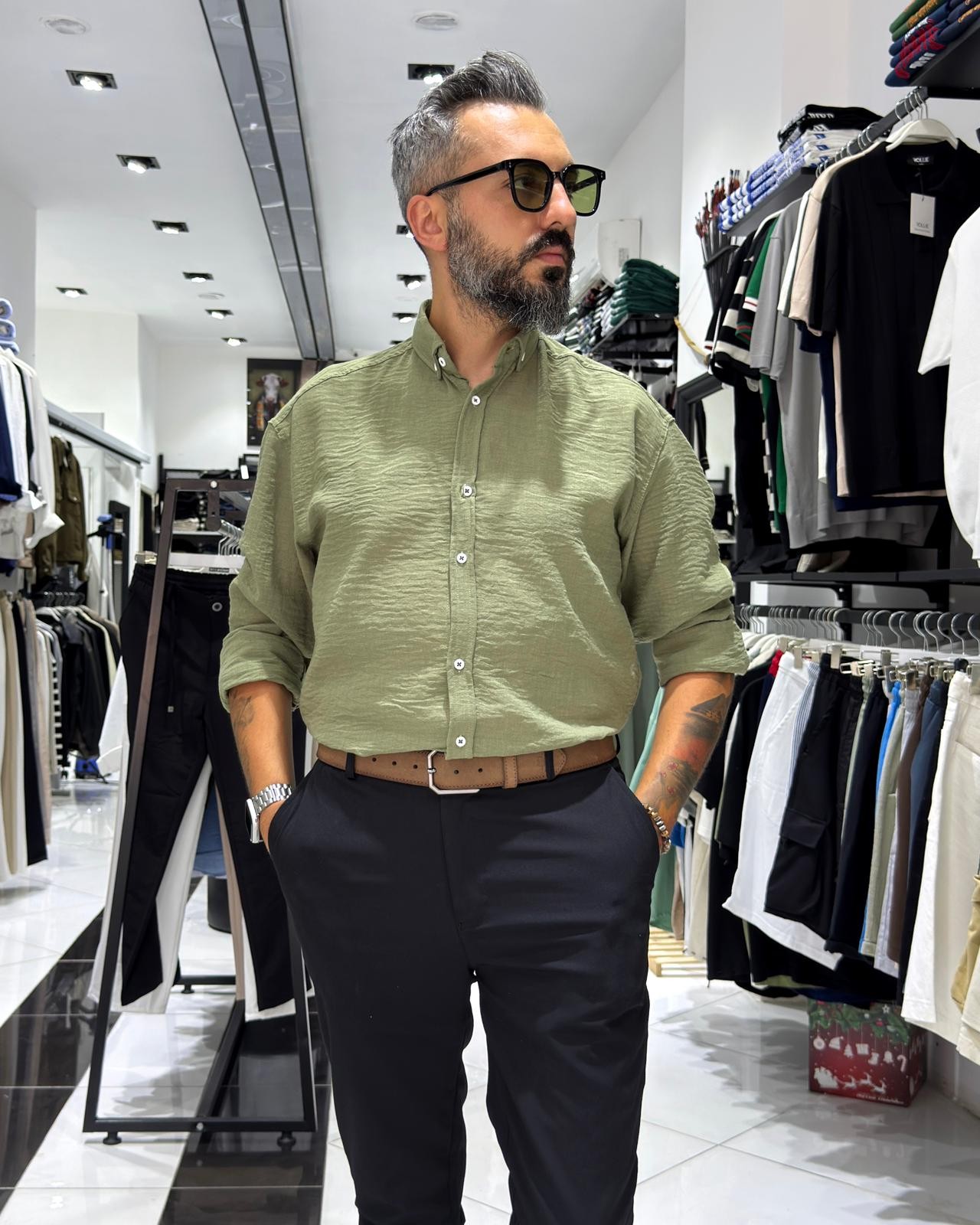 Müslin Kumaş Basic Düğmeli Erkek Gömlek - yeşil