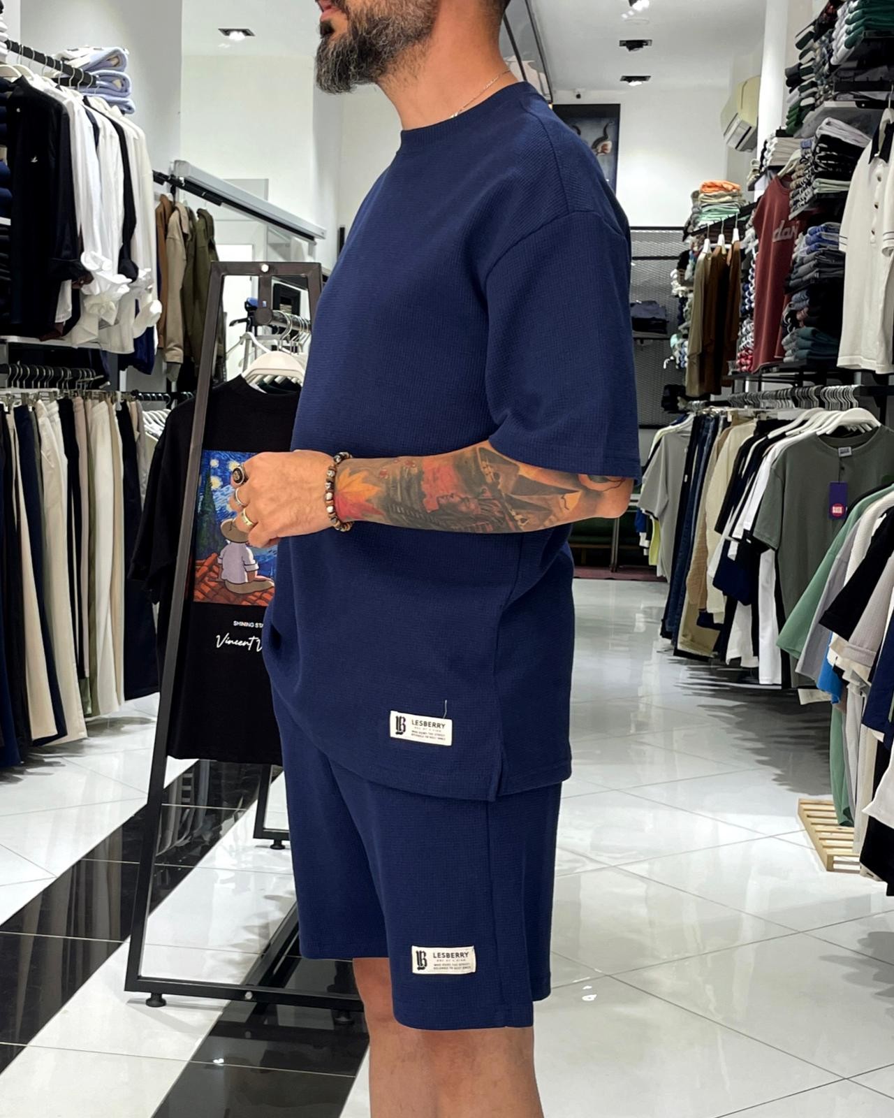 Waffle Kumaş Oversize Erkek T-Shirt & Şort İkili Takım - lacivert