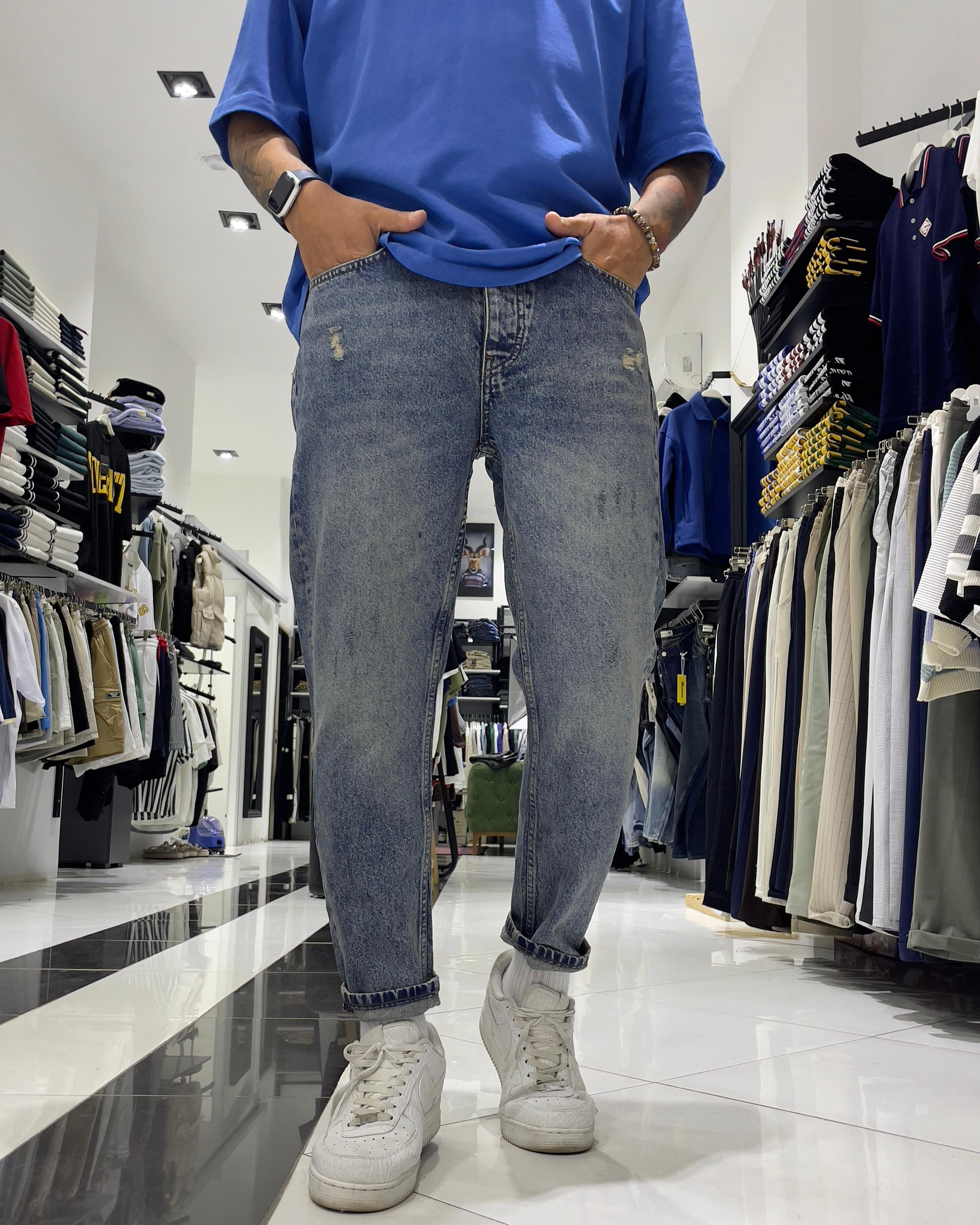 Yıkamalı Açık Mavi Boyfriend Erkek Jean Pantolon