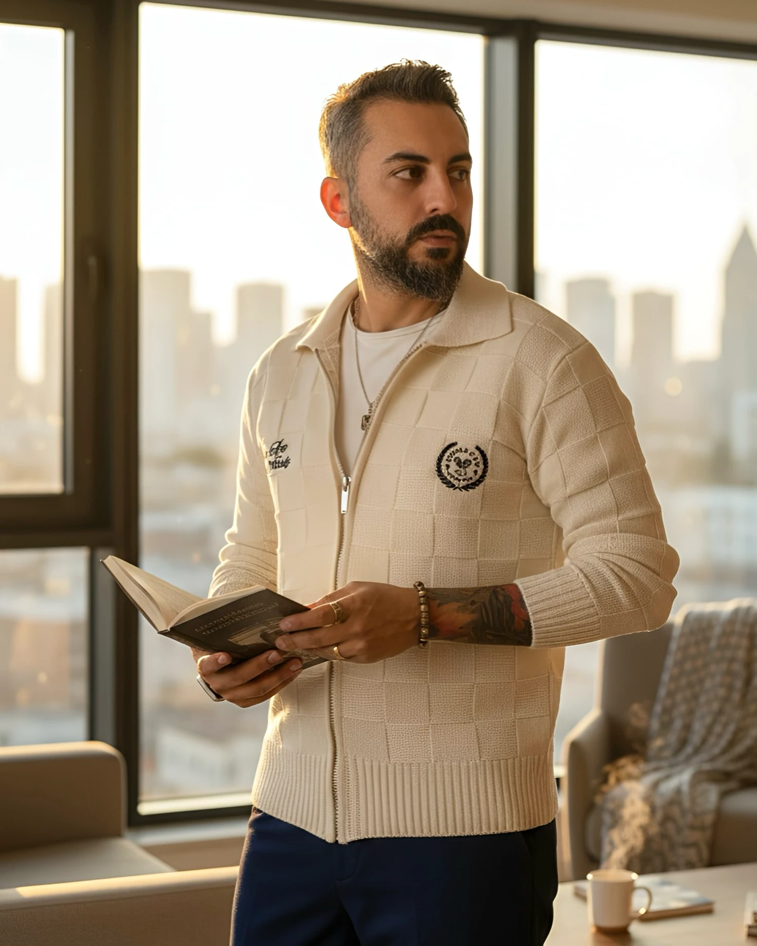 Zippered Men's Cardigan - Beige