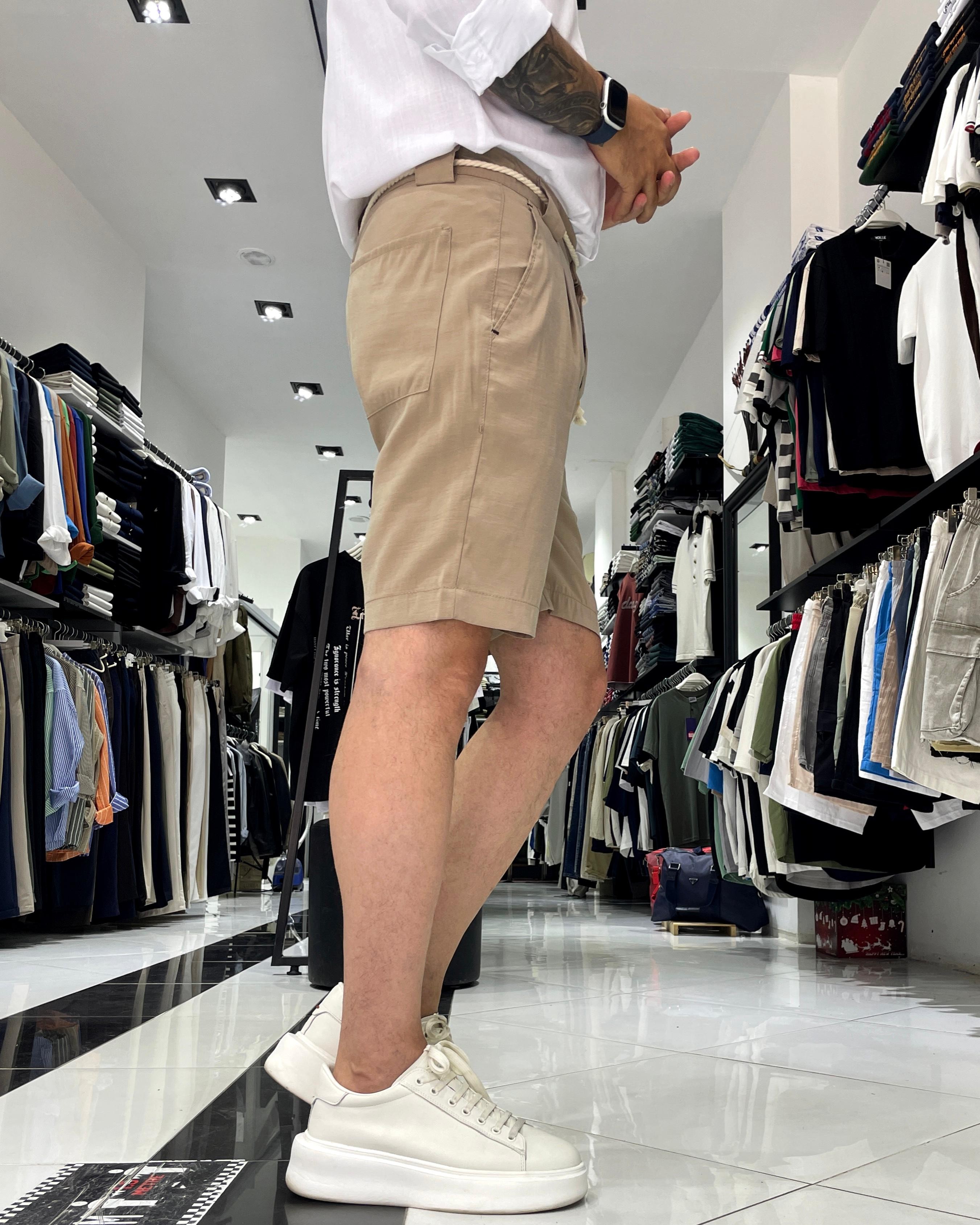 Modal Fabric Belt Detailed Men's Shorts - Beige