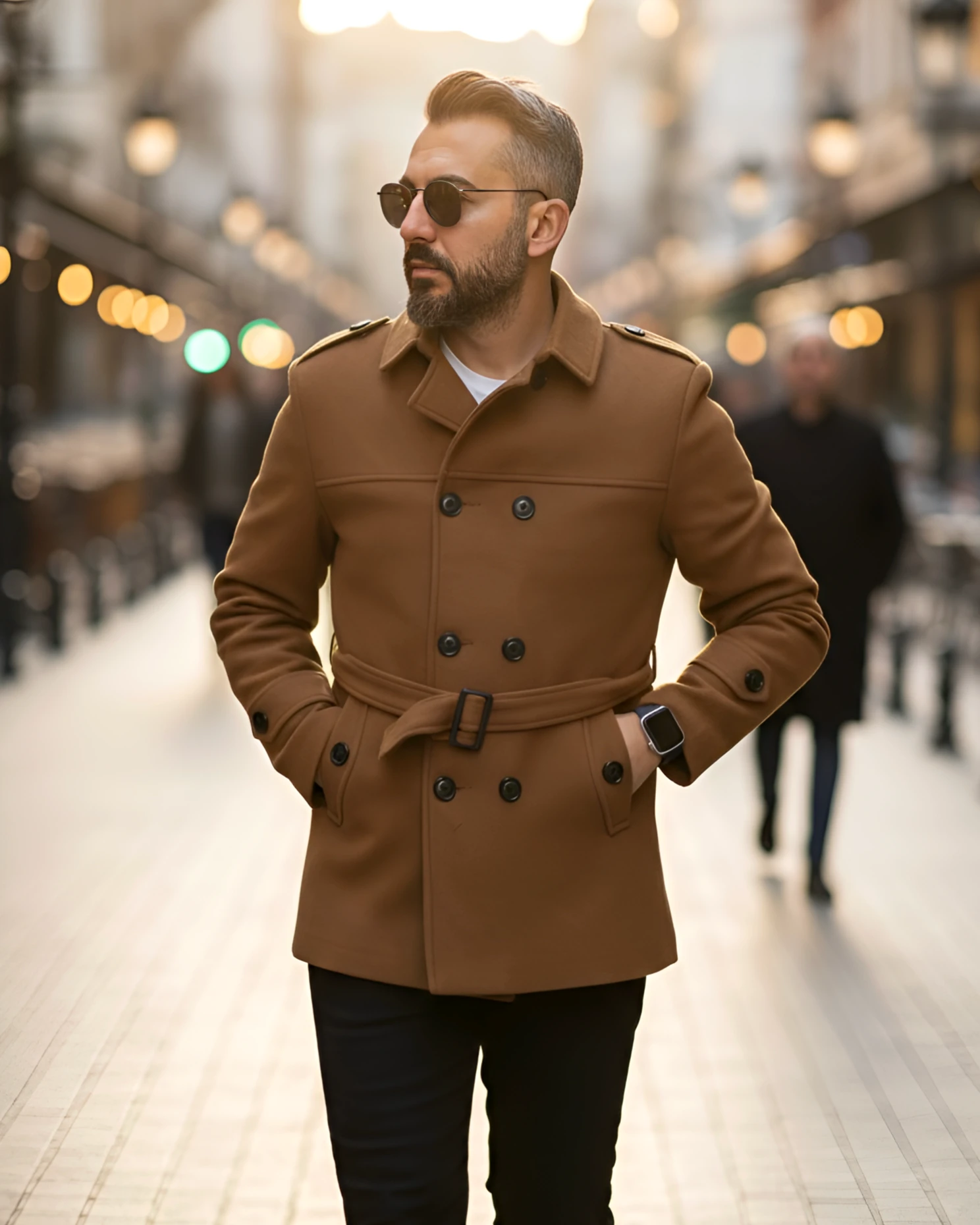 Men's Cashmere Coat with Belt and Epaulette Detail - Camel