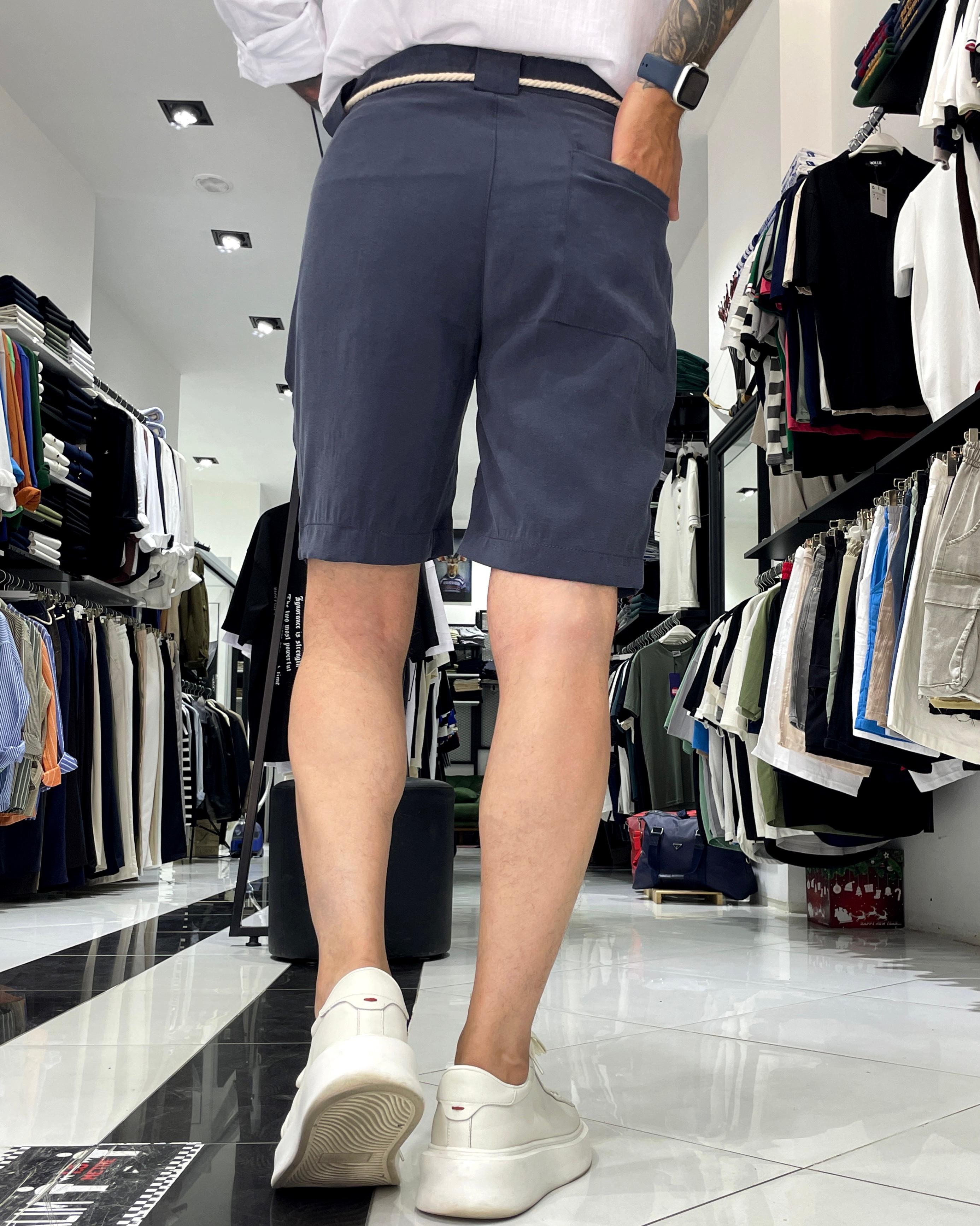 Modal Fabric Belt Detailed Men's Shorts - Navy blue