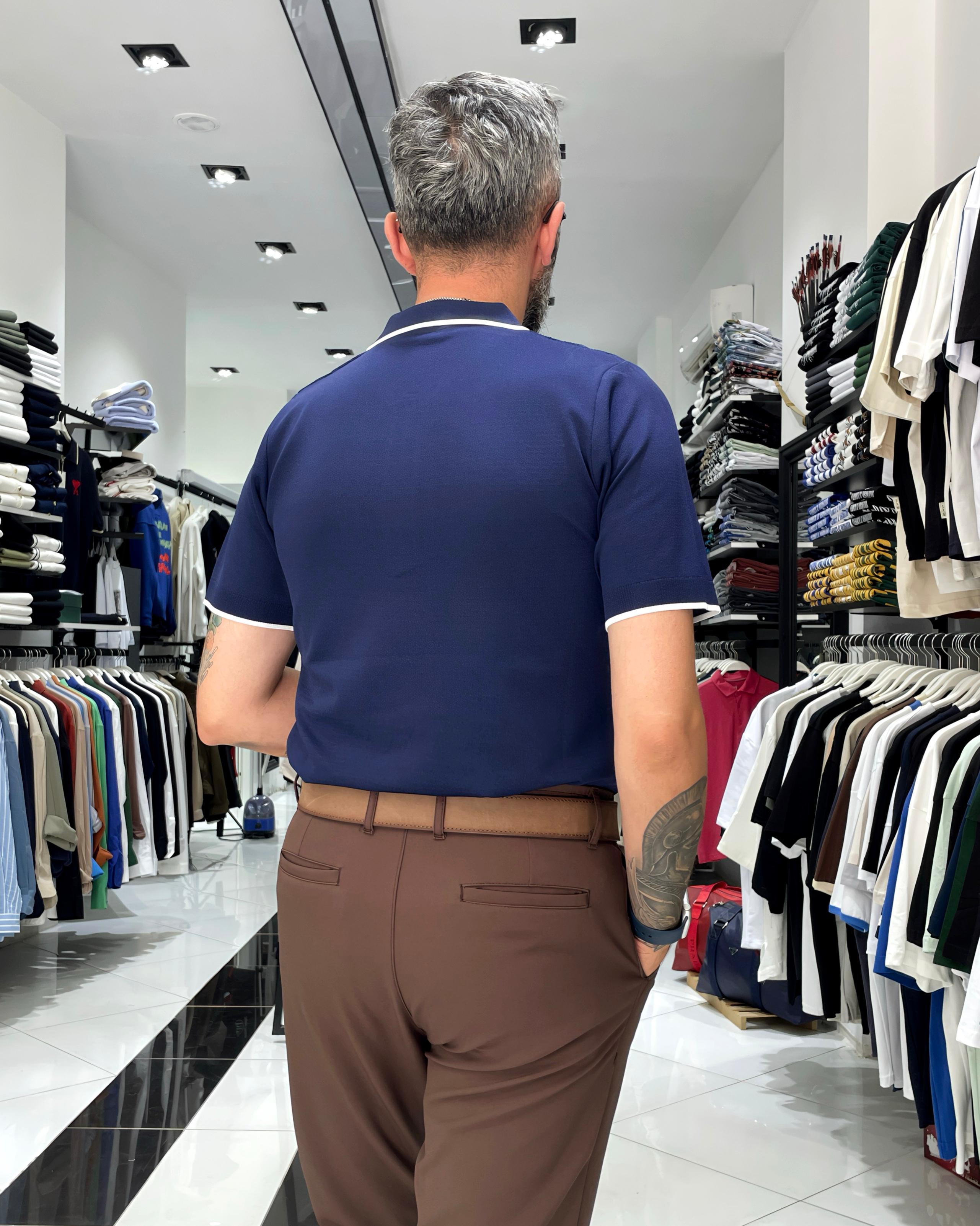 Fermuarlı Triko Polo Yaka Erkek Tişört - lacivert
