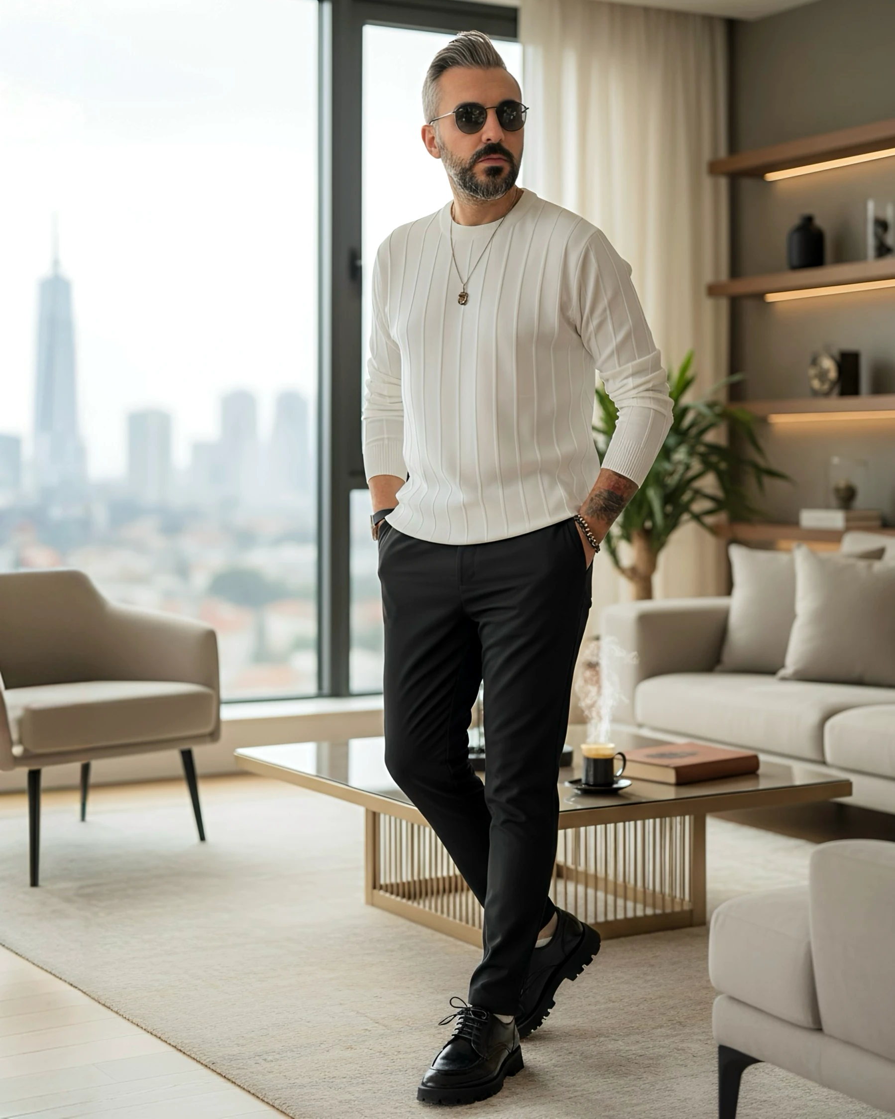 La Forma Fitil Dokulu Bisiklet Yaka Erkek Triko Kazak - beyaz