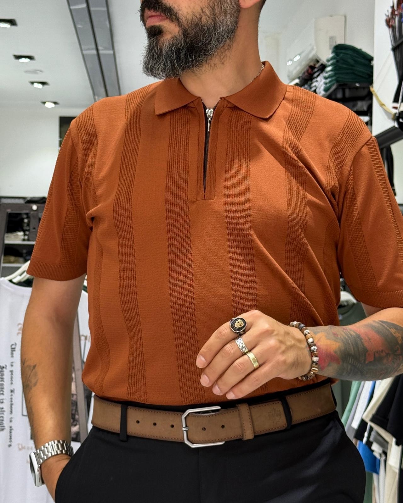 Desenli Polo Yaka Yarım Fermuarlı Erkek T-Shirt - kiremit