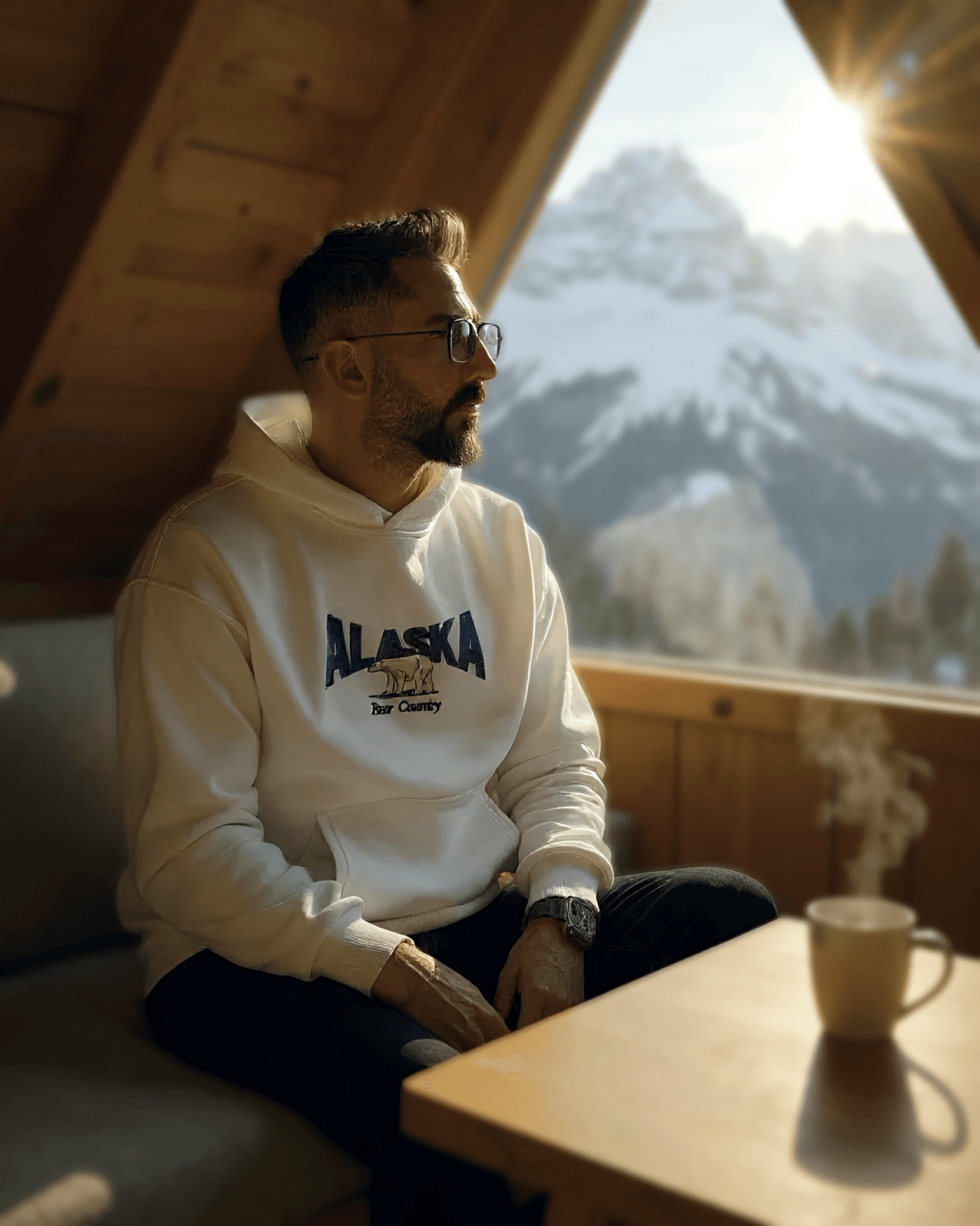 Alaska Nakışlı Beyaz Oversize Erkek Hoodie