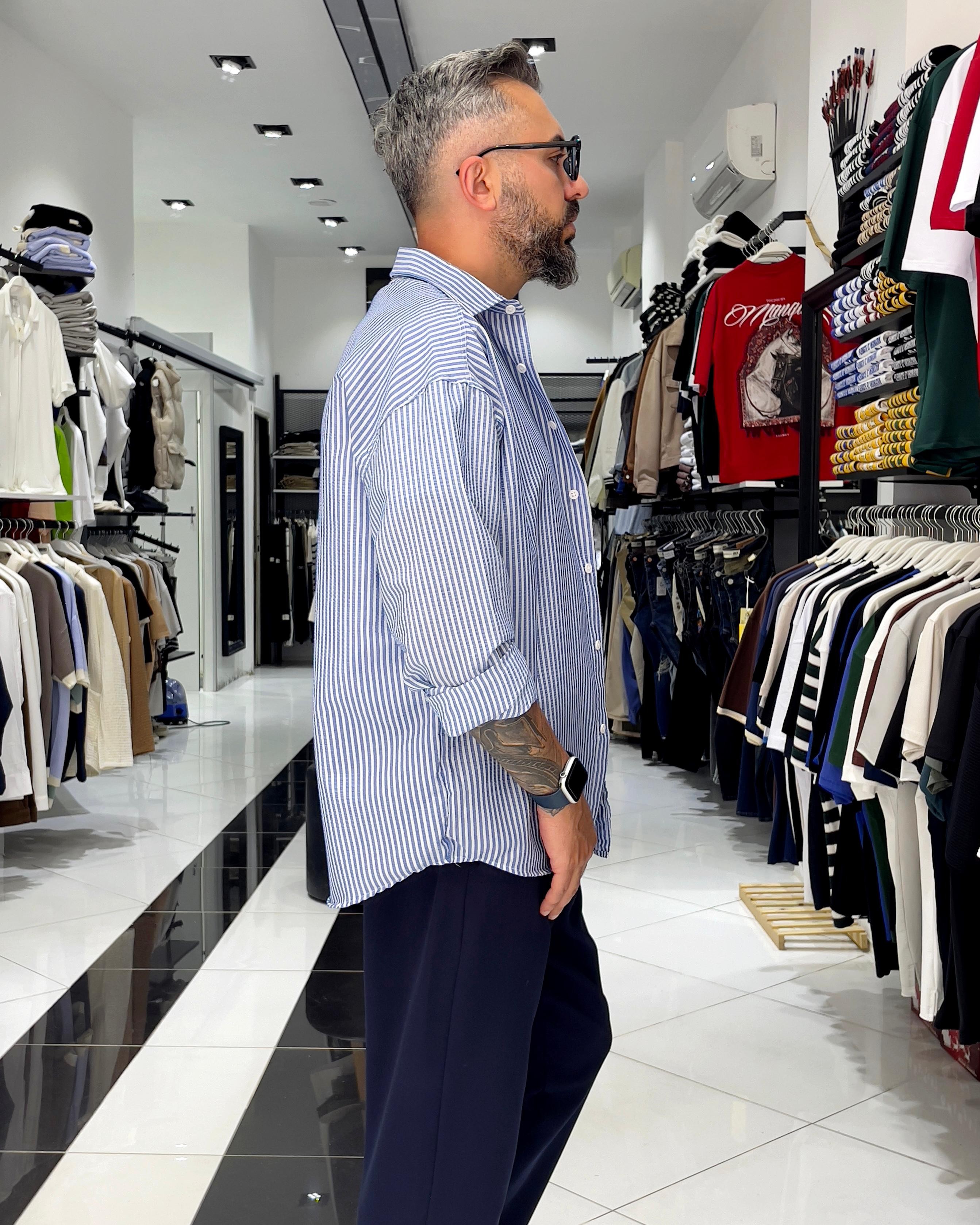 Gofre Kumaş Çizgili Oversize Erkek Gömlek - mavi