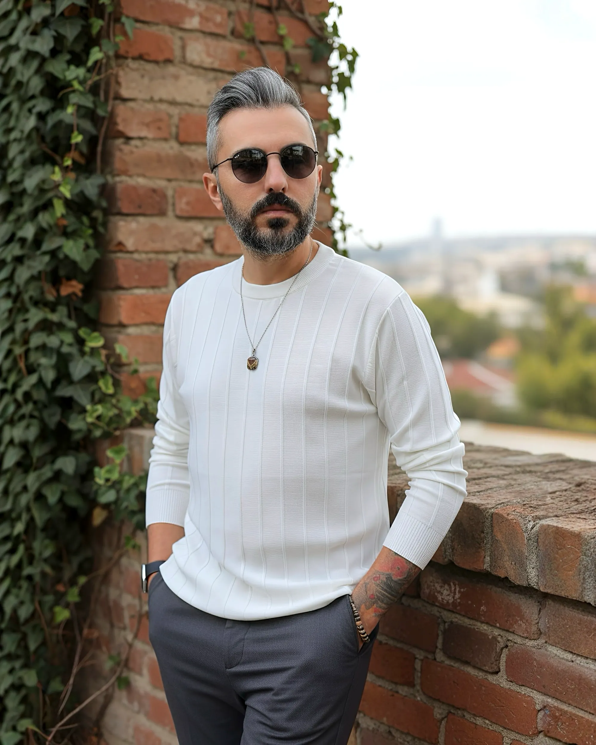 La Forma Fitil Dokulu Bisiklet Yaka Erkek Triko Kazak - beyaz