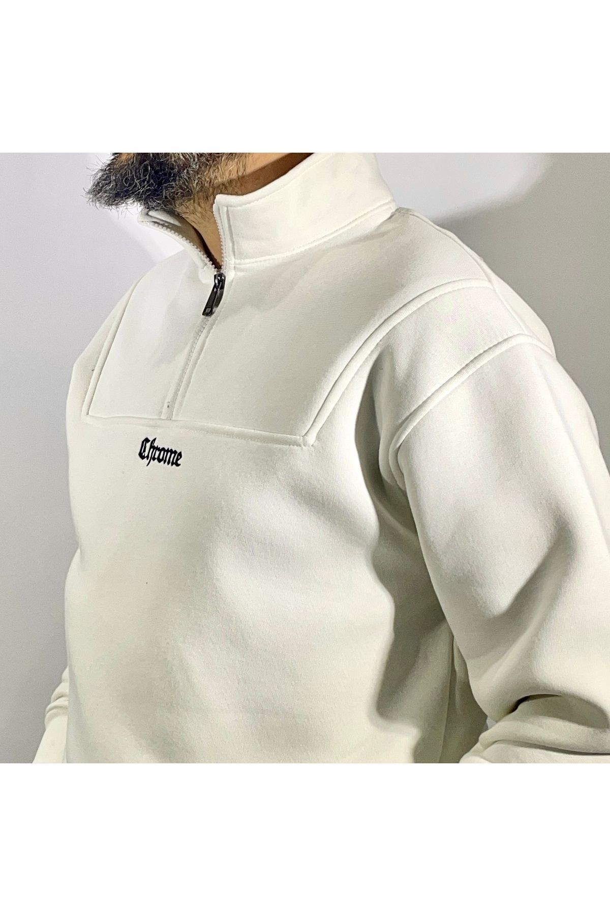 Yarım Fermuarlı Oversize Erkek Sweatshirt - ekru