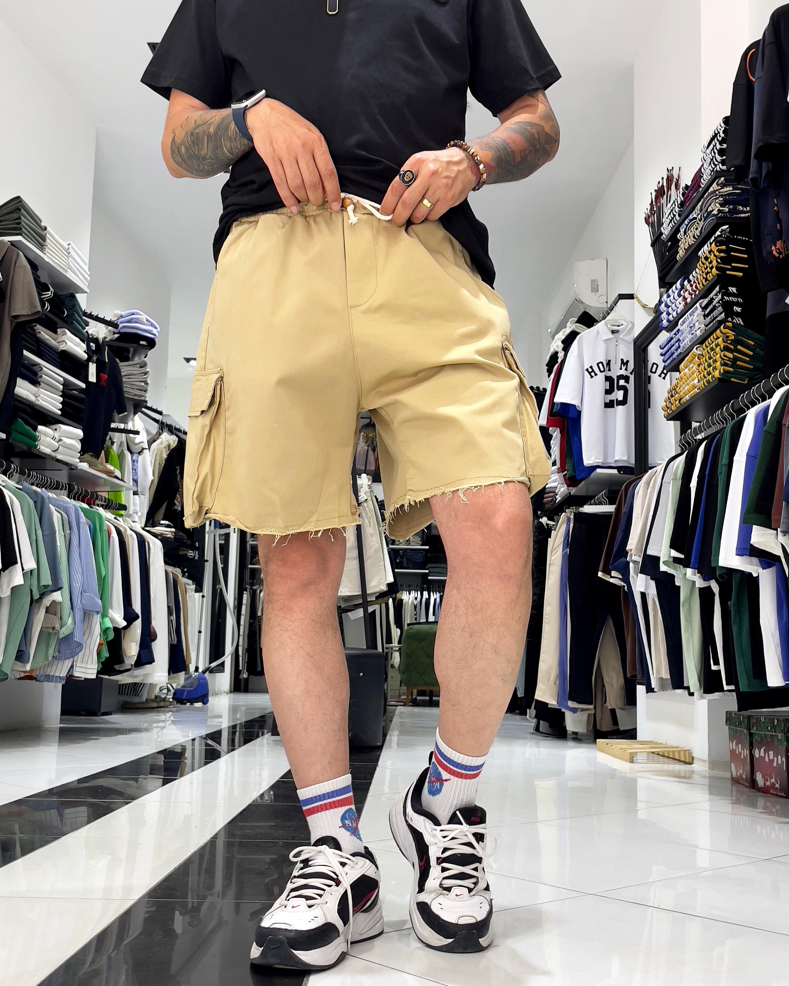 Baggy Fit Organik Denim Erkek Kargo Şort – Higo Man - krem