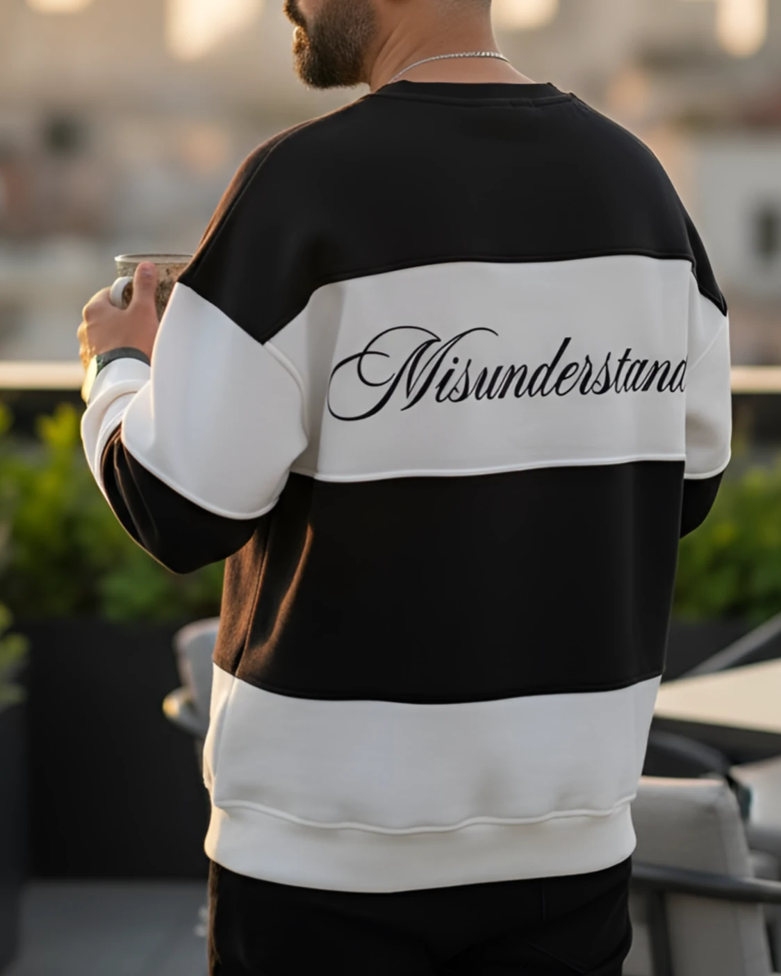 Siyah Beyaz Blok Detaylı Erkek Oversize Sweatshirt