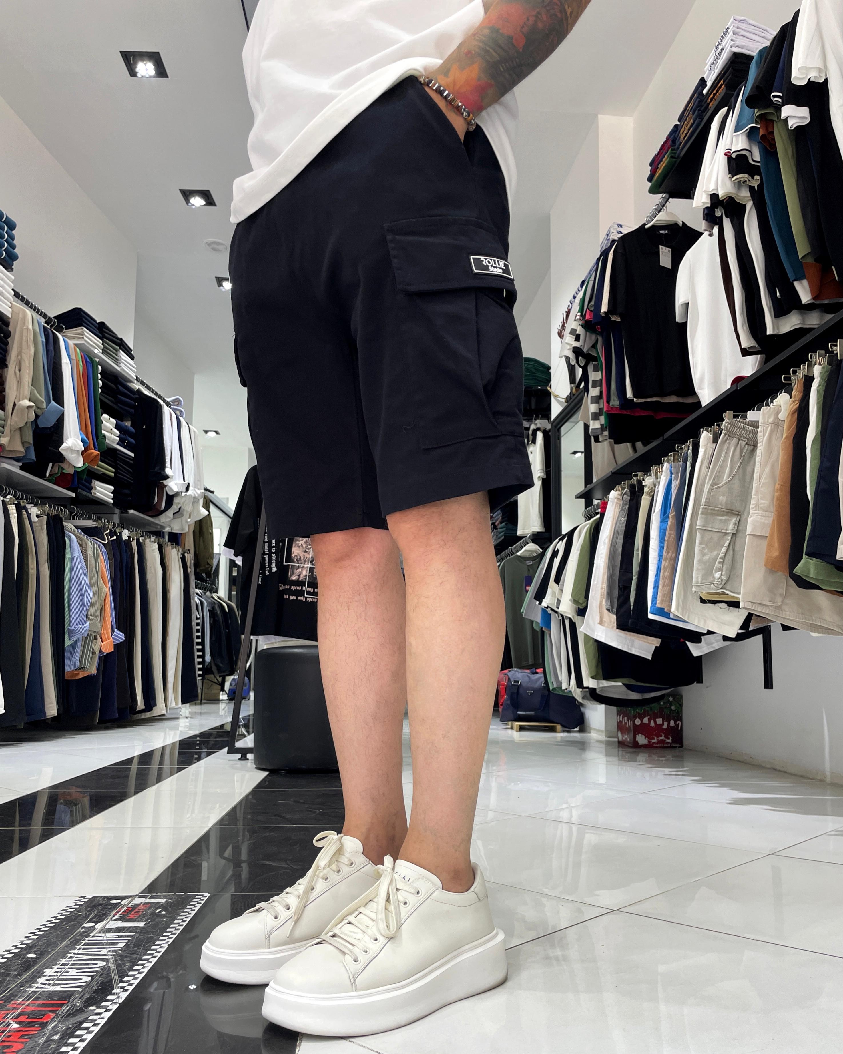 Elastic Waist Denim Shorts with Cargo Pockets - Black