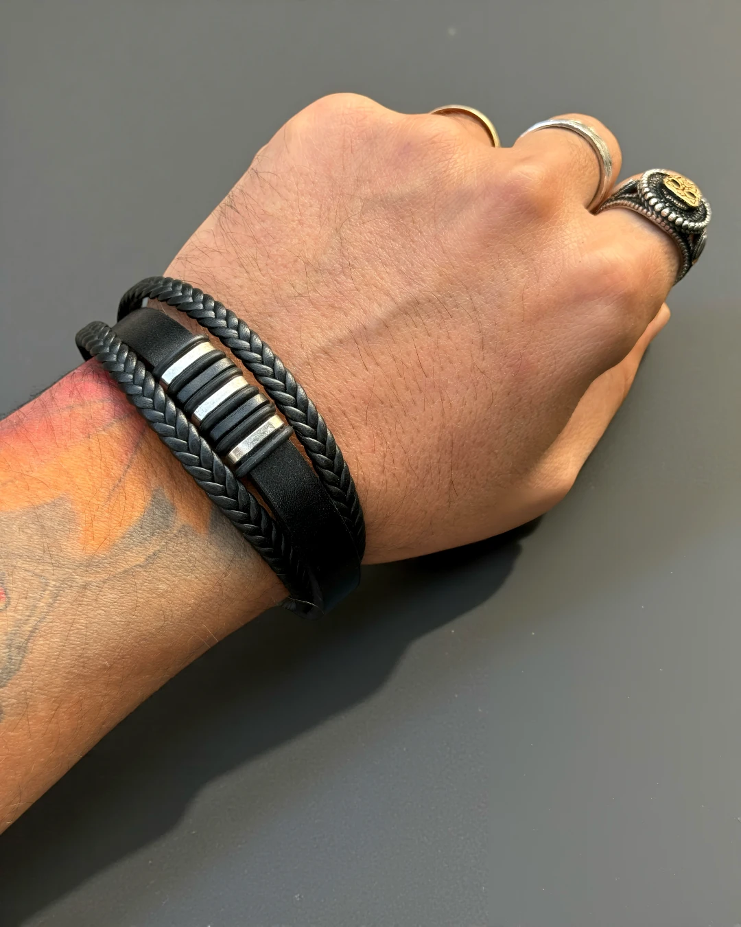 Urban Rings | Siyah Örgü Detaylı Erkek Bileklik