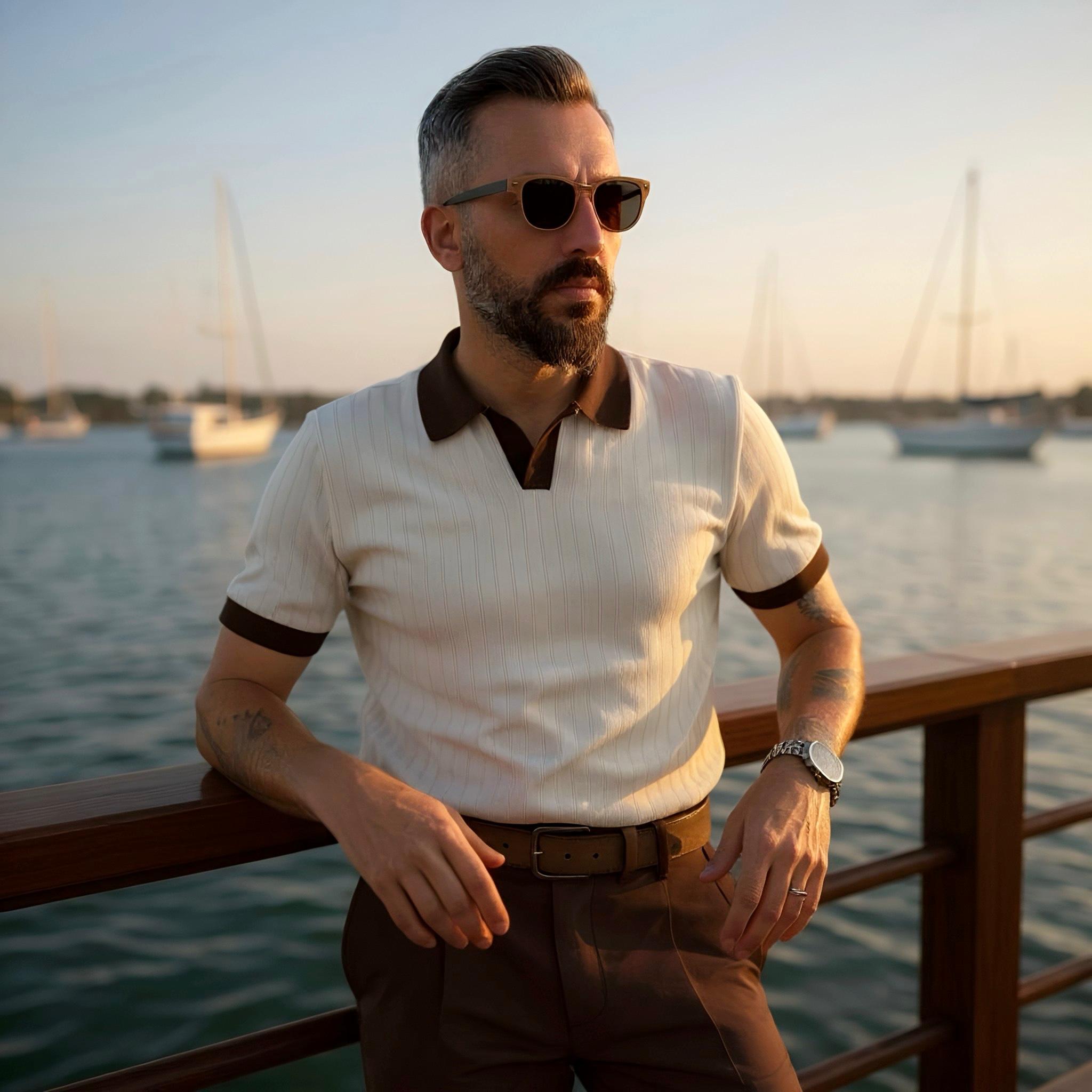 Yaka Detaylı Erkek Triko Polo Yaka T-Shirt - krem