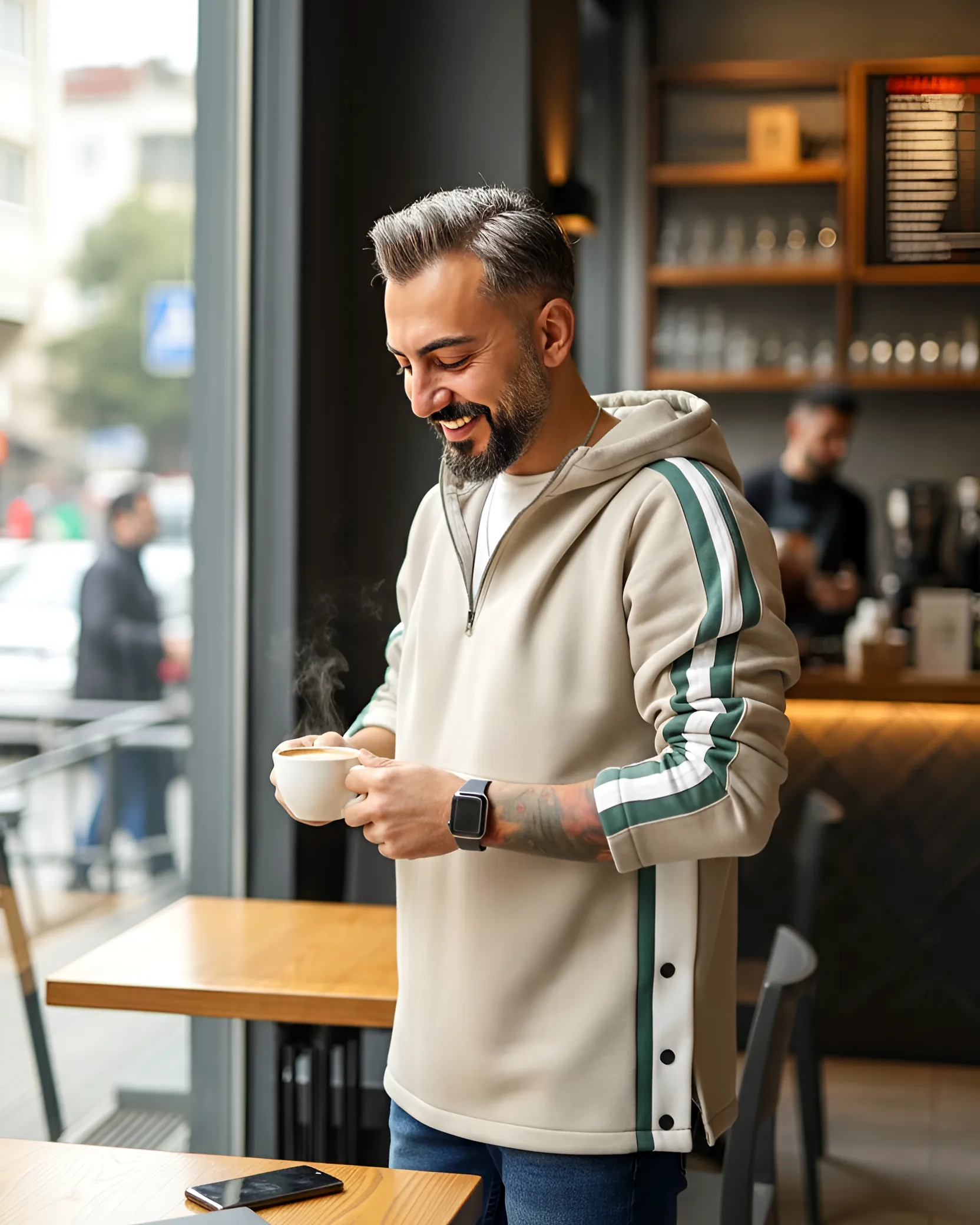 Şerit ve Düğme Detaylı Oversize Erkek Kapüşonlu Sweatshirt - gri