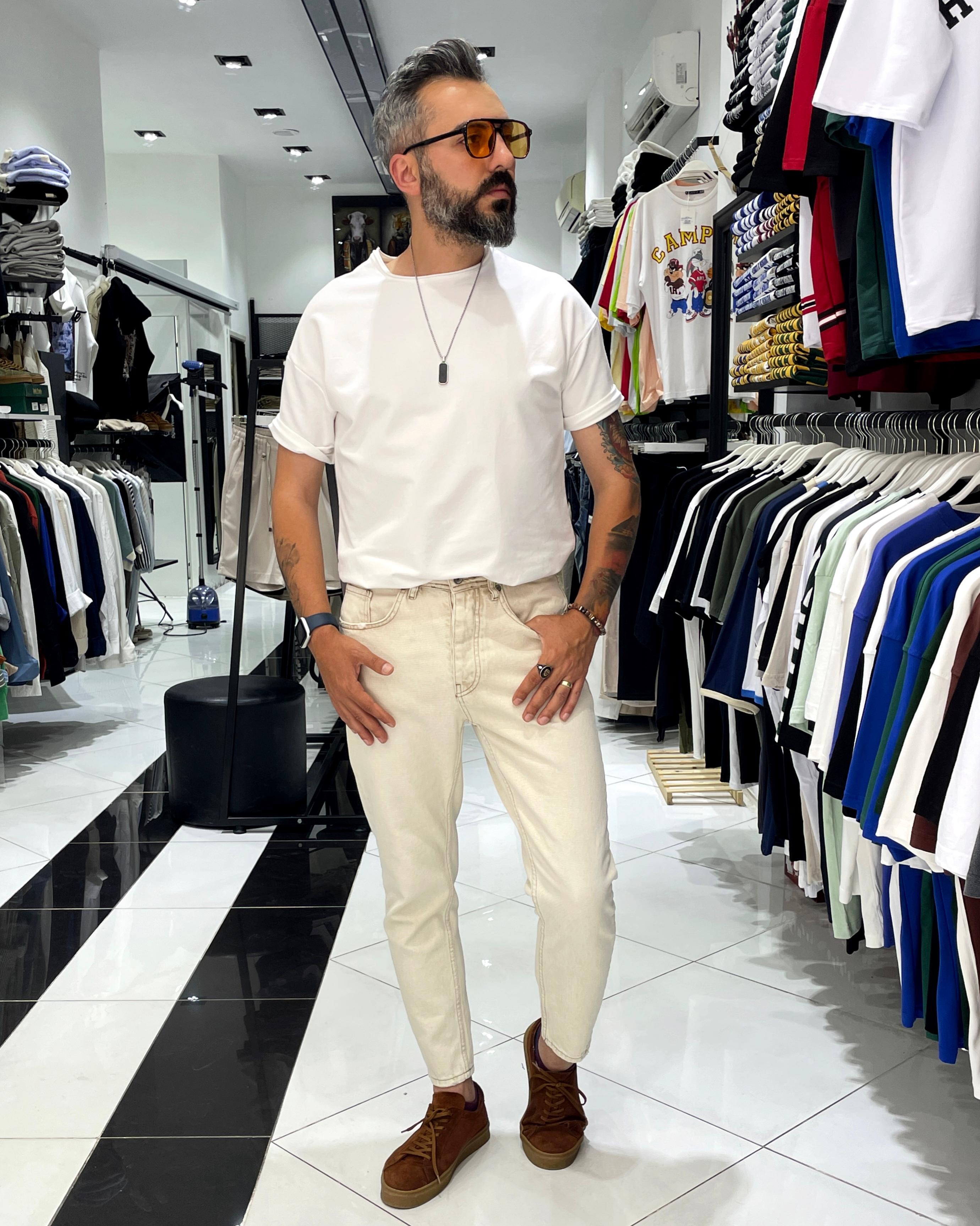 Taş Rengi Boyfriend Fit Erkek Jean Pantolon - taş