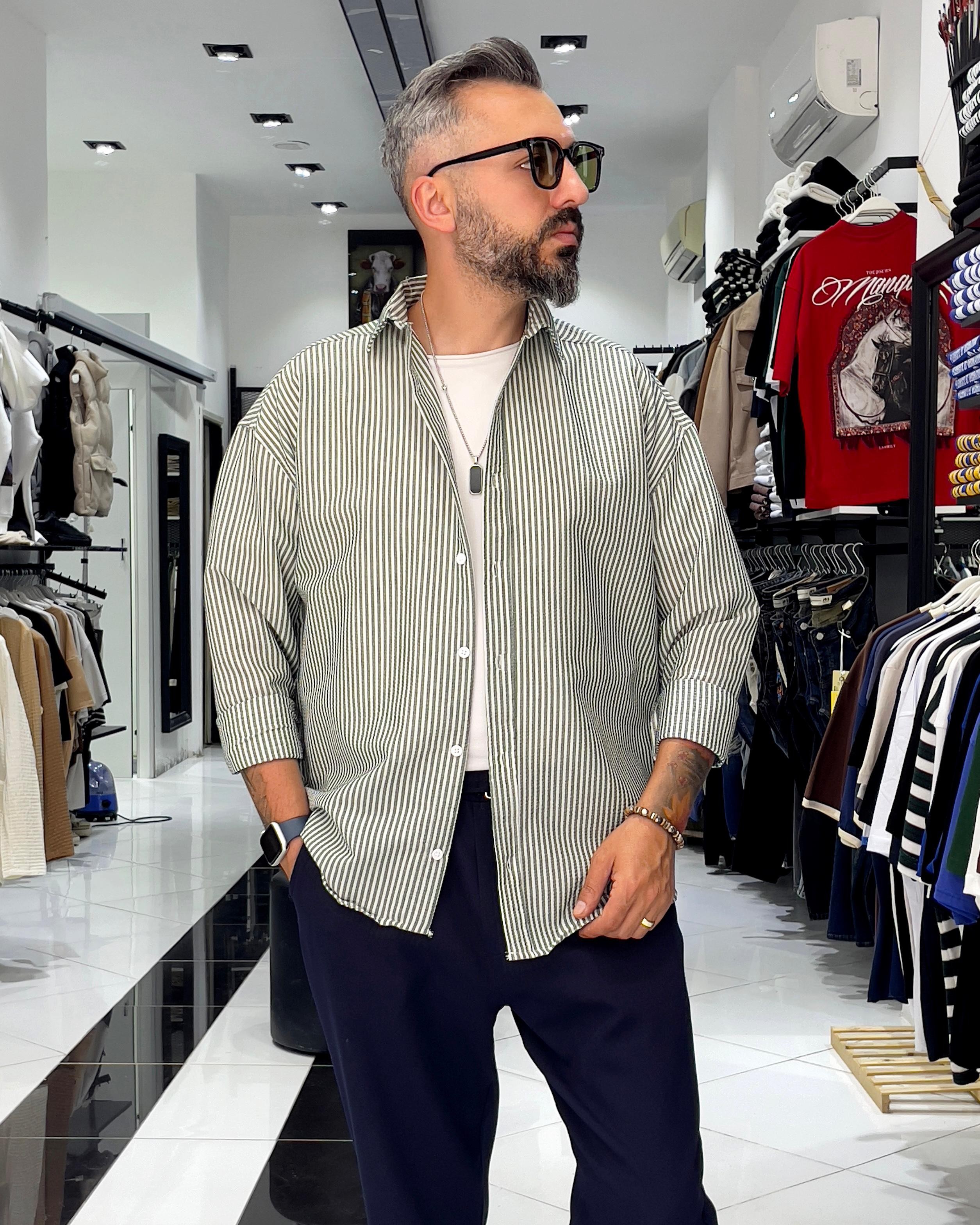 Gofre Kumaş Çizgili Oversize Erkek Gömlek - haki